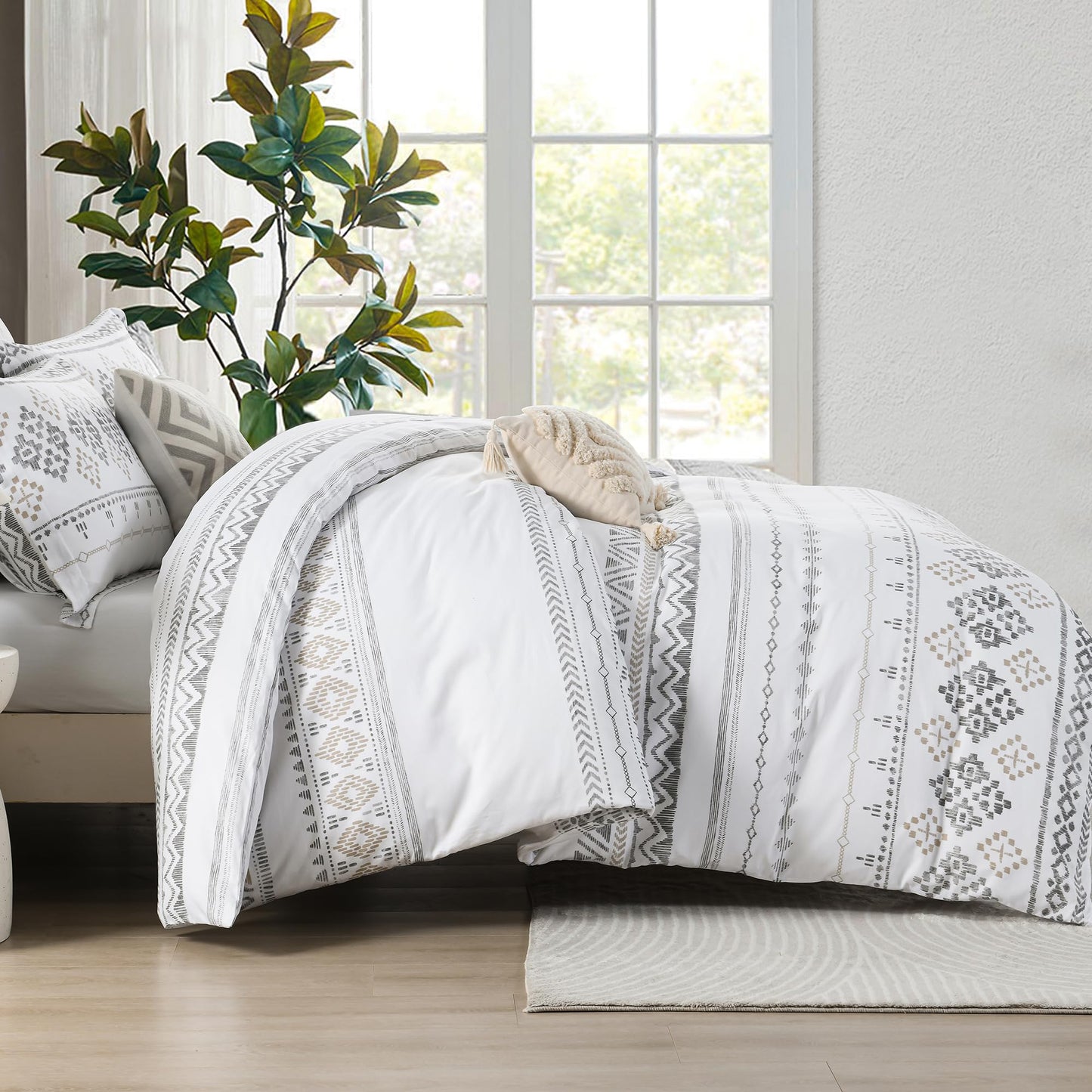 VOOVY Duvet Cover King - 100% Cotton Boho Duvet Cover King Size, 3 Pieces Bohemian Geometric Lightweight Soft Breathable Bedding Duvet Covers Set for All Season (Charcoal, 104"x90", No Comforter)