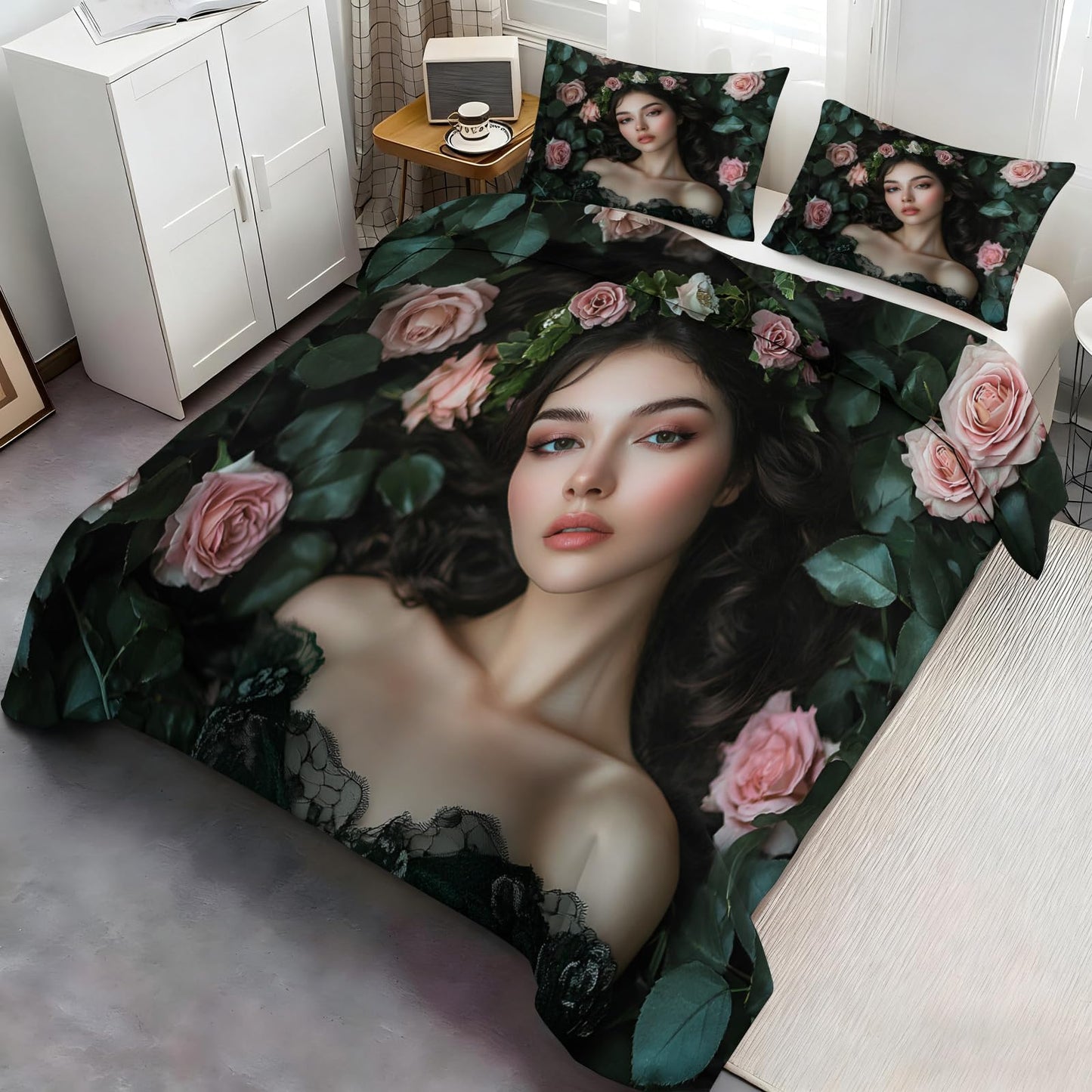 Twin Size Duvet Cover Sexy Beauty Print Duvet Cover Woman Portrait Comforter Cover Rose Bush Bedding Kids Room Bedding Decor (Reversible Printing)
