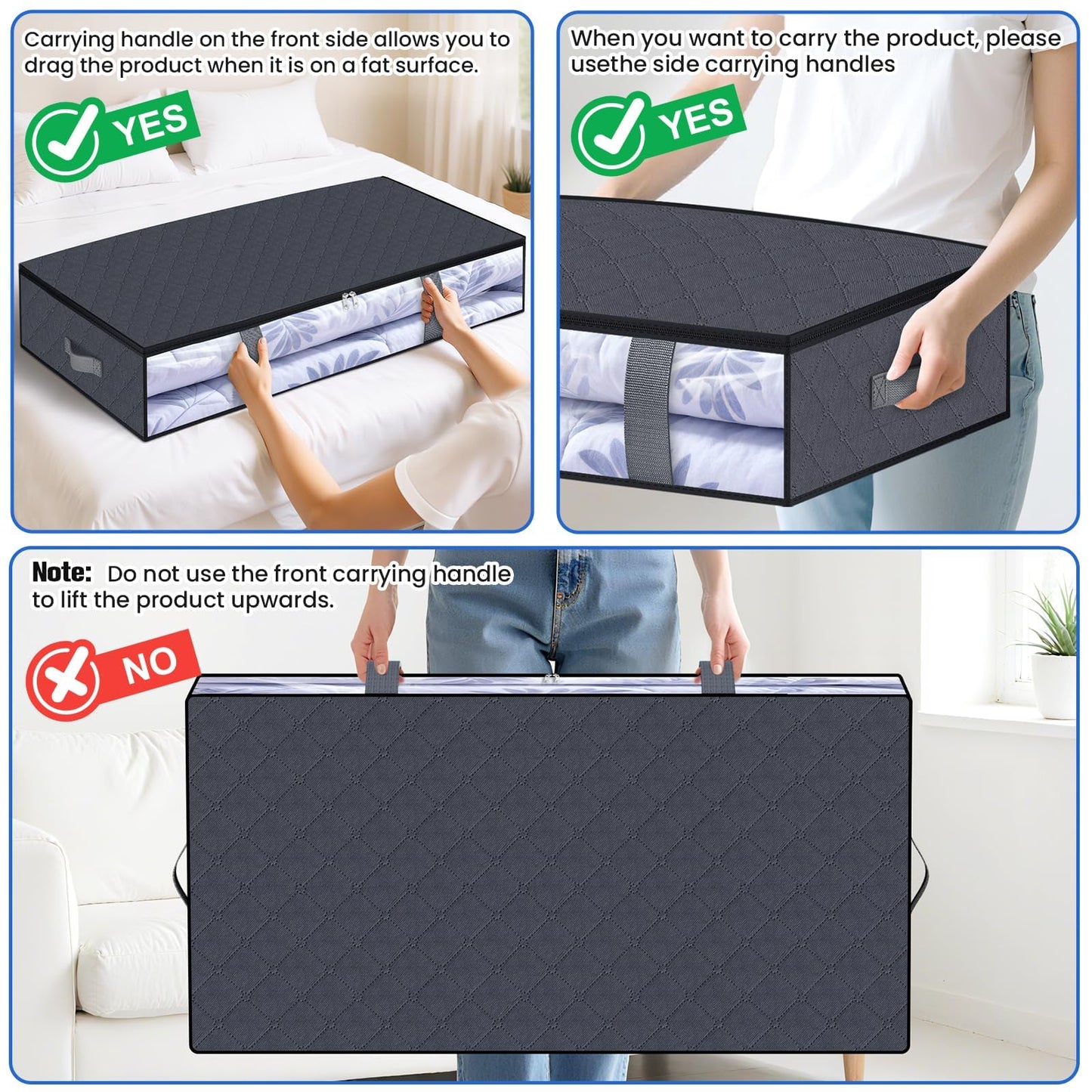TasticTotes Under Bed Storage Containers, 4 Pack Blanket Storage Bags, Collapsible Storage Bags with Big Zippers, Clear Front, Shoe Storage and Organization for Clothes, Comforter, 90L, Grey