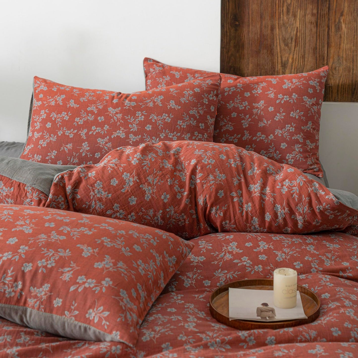 VM VOUGEMARKET Linen Cotton Duvet Cover Set Queen Size,Rust Red Floral Print, Double Layer Gauze, Soft Breathable Bedding Set with Zipper Closure, 3 Pieces (1 Duvet Cover + 2 Pillow Shams)