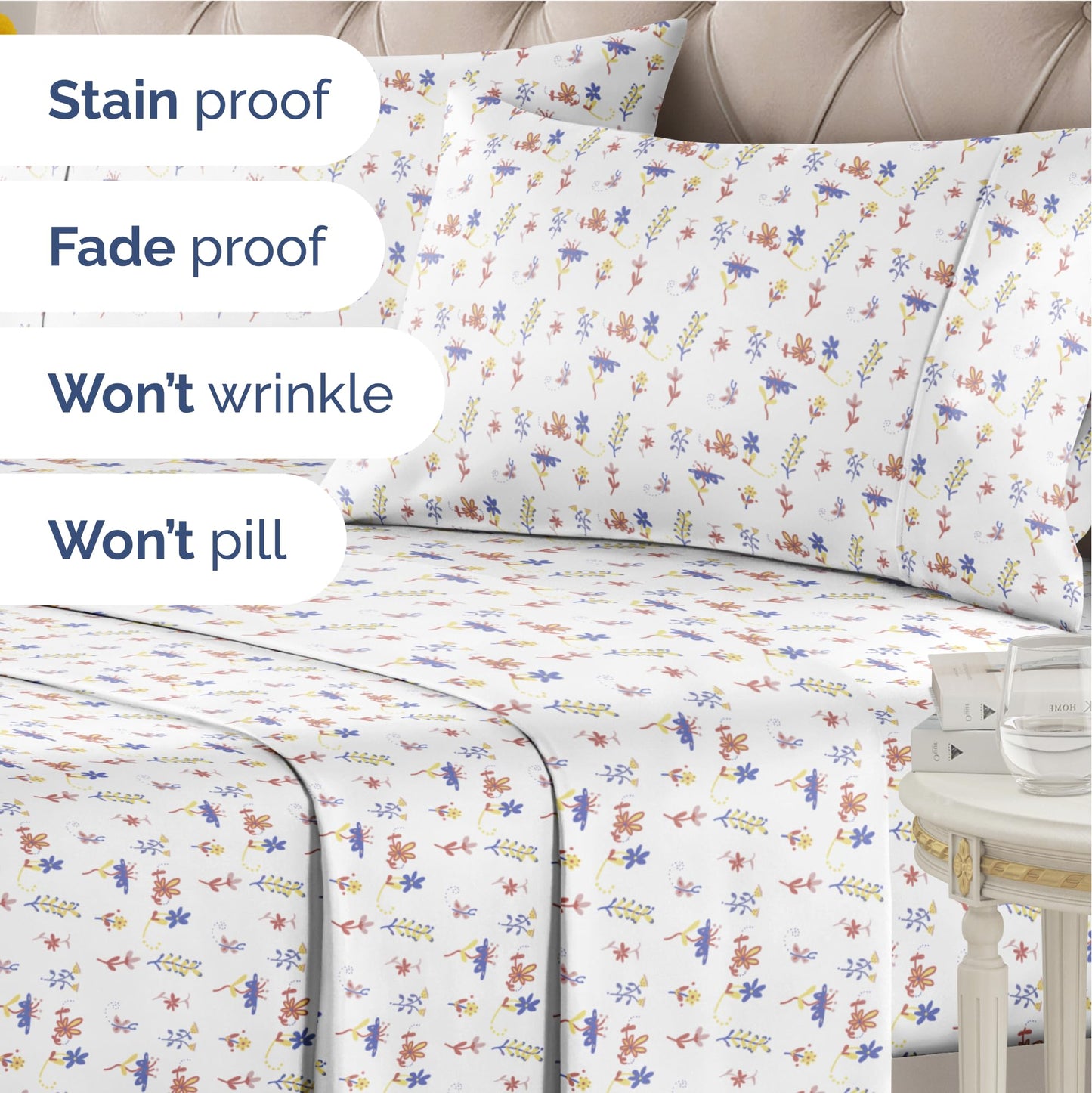 Floral Sheets - Butterfly Floral Bed Sheet Set - 1 Flat, 1 Fitted & 2 Pillowcases w/ Deep Pockets - Wrinkle & Fade Free Boho Botanical Bedding - Ultra-Soft, Breathable and Cooling - King Size Bed Set