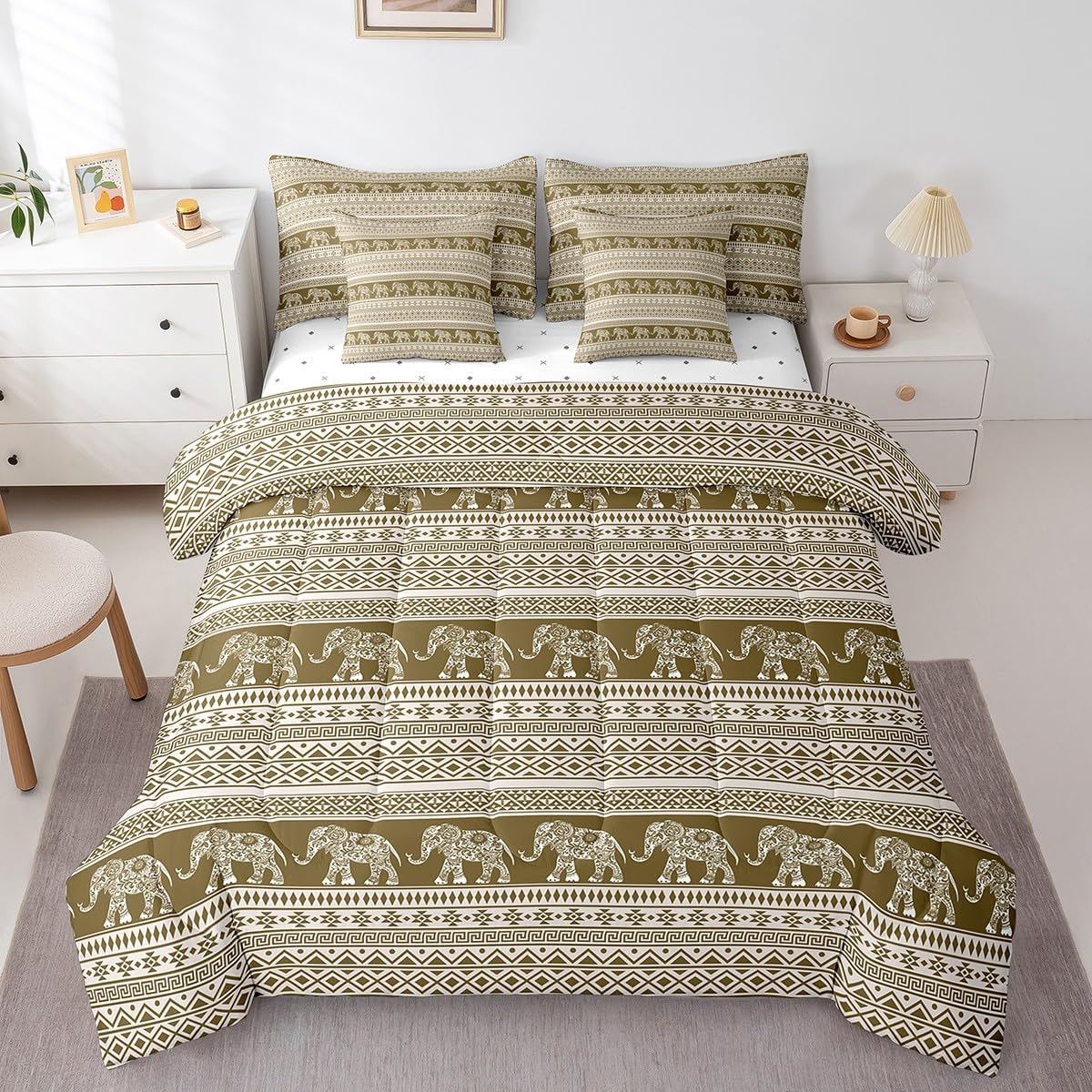 Feelyou Bohemian Elephant 7 Piece Bedding Set Full Size for Kids Boys Girls Teens Toddler Boho Exotic Style Comforter Set with Sheets Brown White Stripe Bed in a Bag Ethnic Elephant Print Bed Set