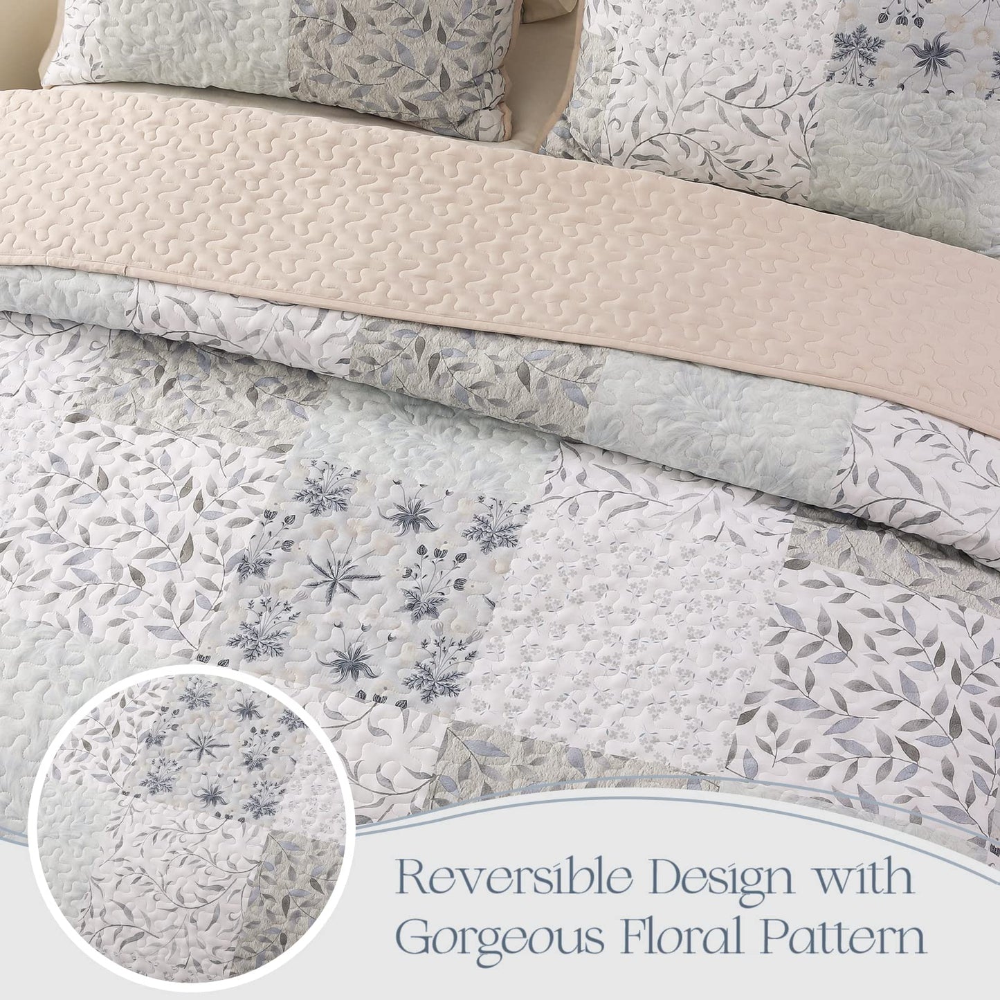 Exclusivo Mezcla Reversible Boho Quilts Queen Size, Gray Soft Bedspreads Lightweight Coverlet All Season Patchwork Quilt Bedding Set with Printed Floral Pattern (1 Quilt, 2 Pillow Shams)