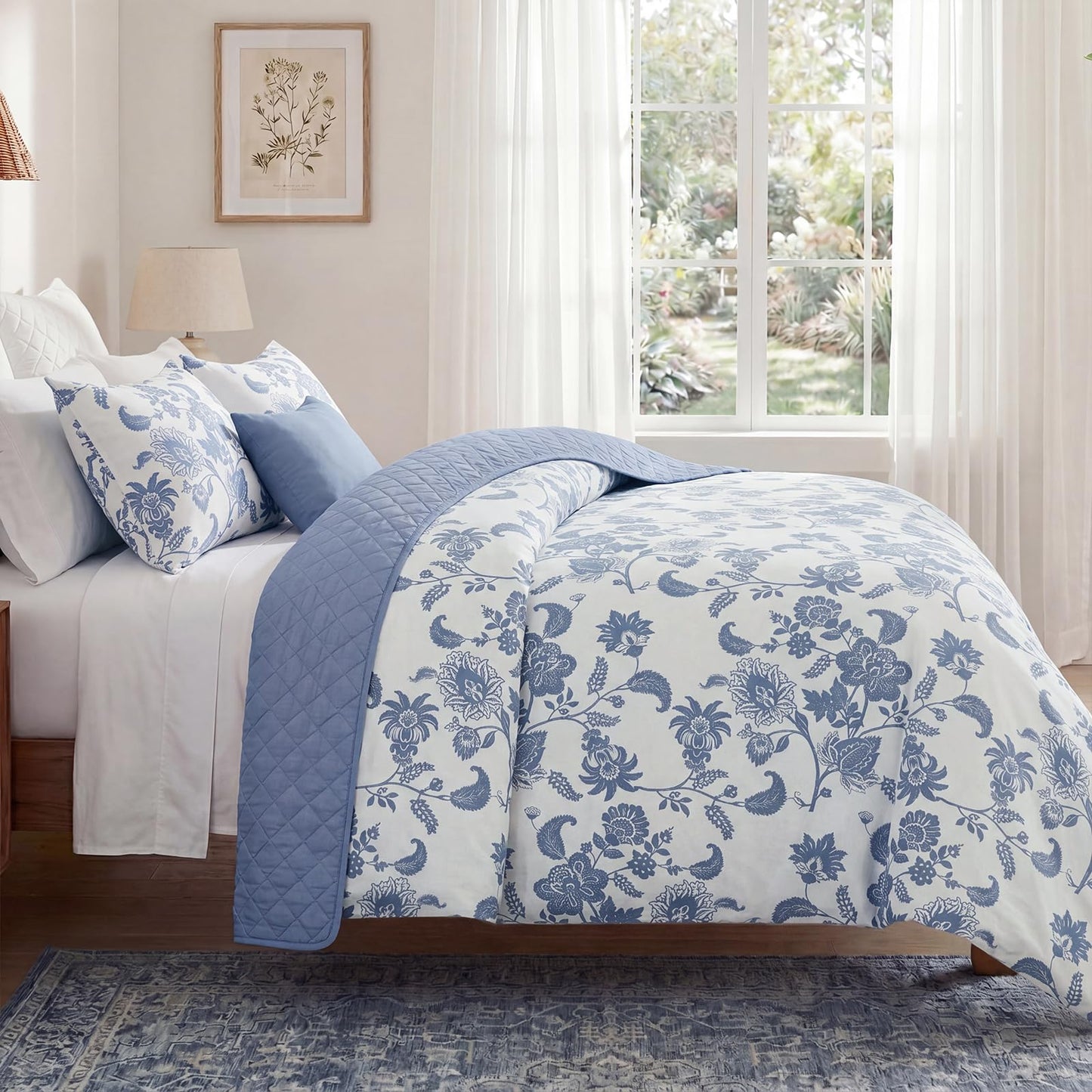 Bedorm 100% Cotton Duvet Cover Set Queen Floral Bedding Set Blue and White Paisley Flowers Print Boho Bedroom Decor Soft & Breathable Duvet Cover with Zipper Closure