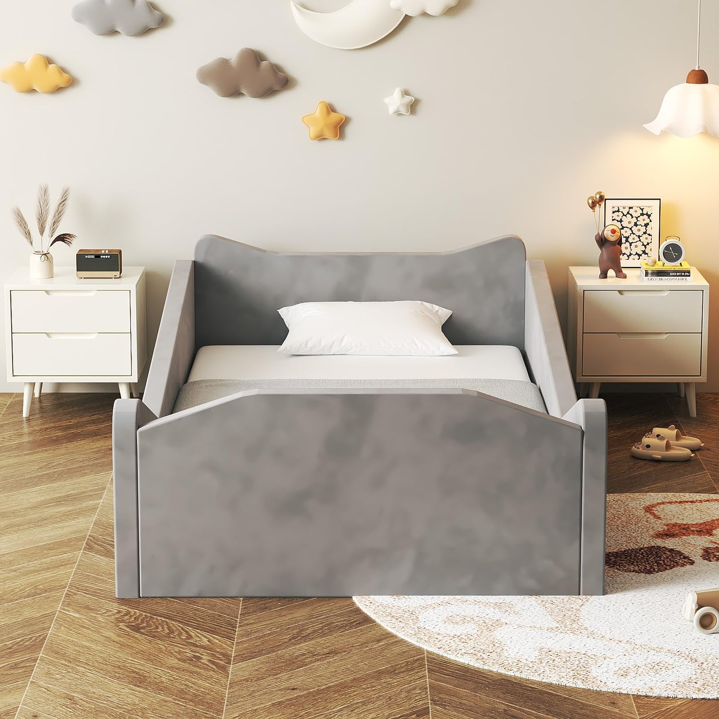 JOYMOR Toddler Bed, Floor Bed with Safety Guadrail, Montessori Toddler Bed with Animal Ear Shapes, Soft Velvet Wood Bed for Infant, Kids, Mattress not Included (Gray)