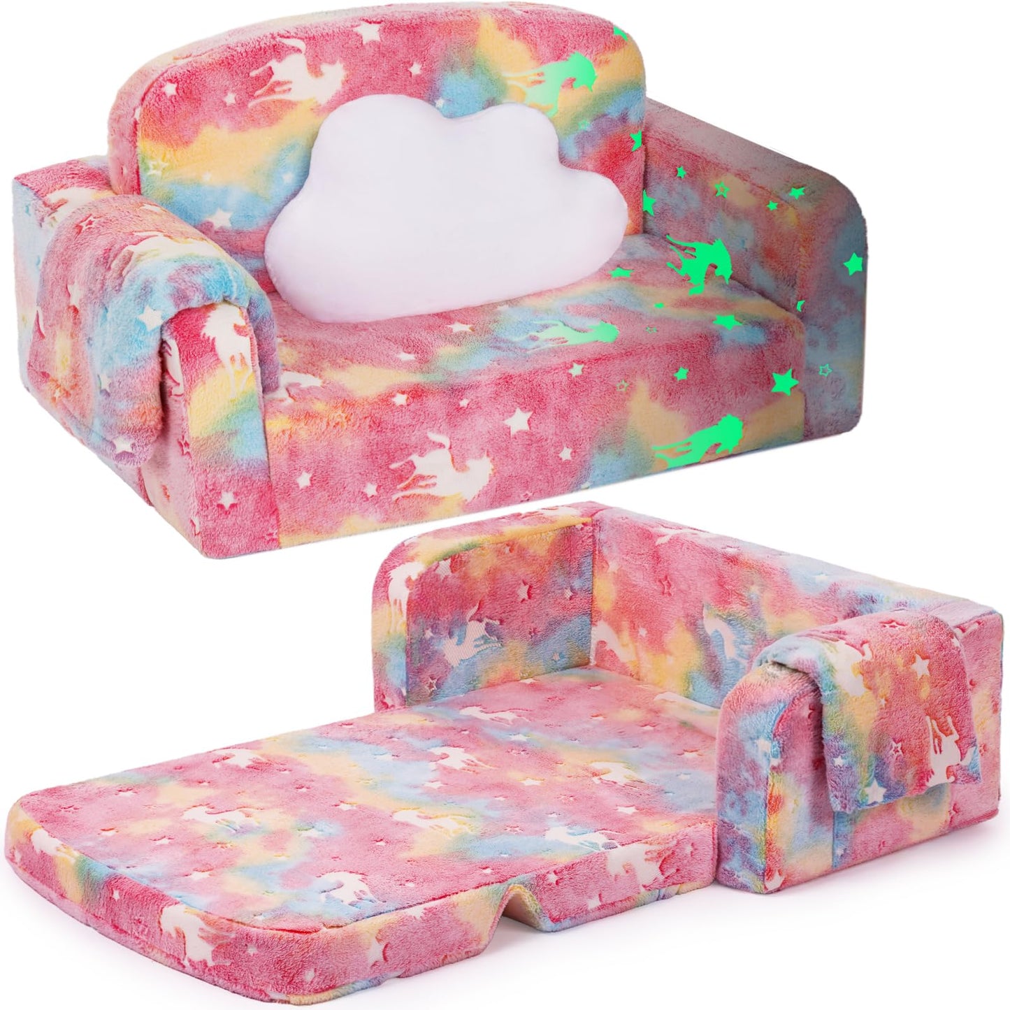 Foryoomi Extra Wide Kids Couch, Kids Sofa, Toddler Sofa, Glow in The Dark, 2-in-1 Soft Toddler Couch with Blanket and Pillow, Pink