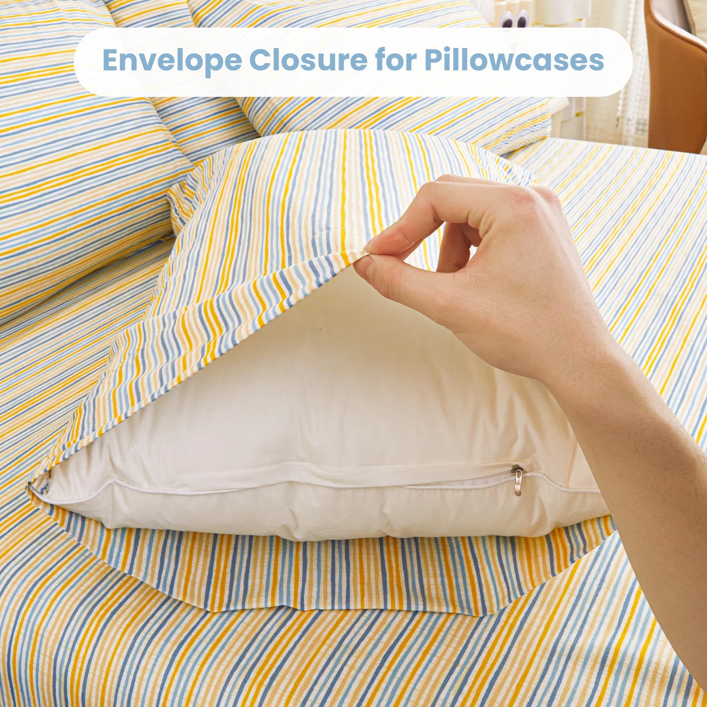 Mooreeke Striped Queen Bed Sheets, Deep Pocket 4 Piece Queen Sheet Set, Soft Microfiber Blue Yellow Pinstripe Bedding Sheets & Pillowcases