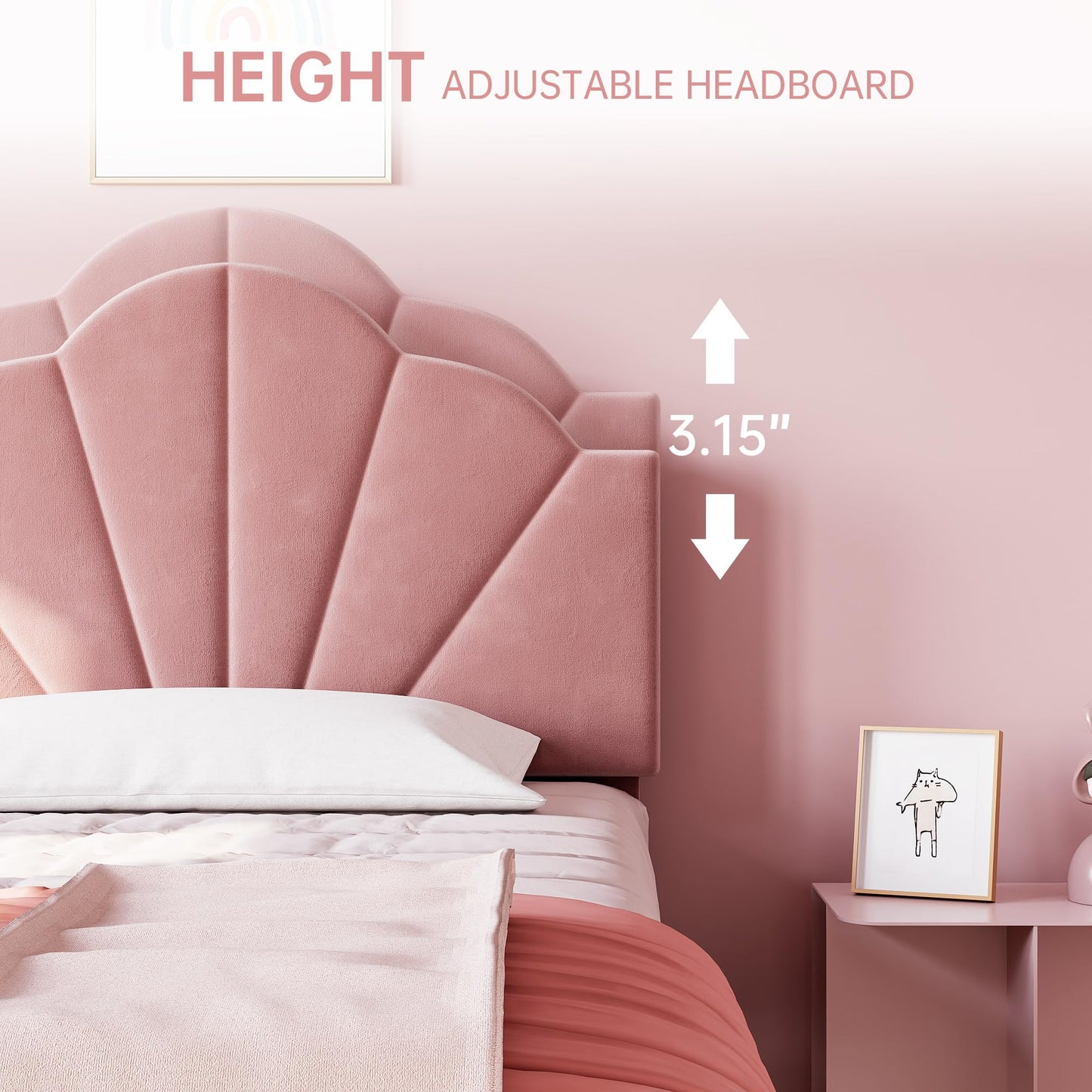 IDEALHOUSE Twin Bed Frame, Velvet Upholstered Platform Bed Frame with Height Adjustable Headboard for Boys & Girls, Wood Slat Support, Easy to Assemble, No Box Spring Needed, Light Pink