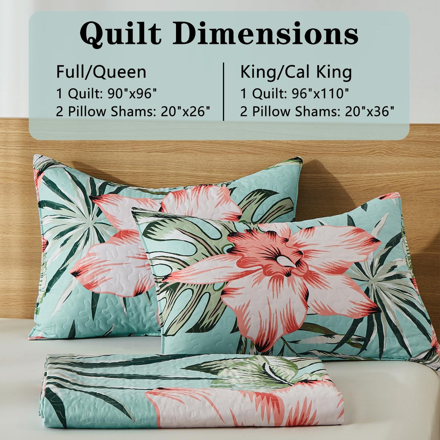 Yogeneg King Quilt Bedding Set,Green Pink Botanical Pattern Sky Blue King/Cal King Quilt Set,3 Piece Lightweight Soft Summer Bedspread Coverlet with 2 PIillow Shams,All Season(Sky Blue,110"x96")