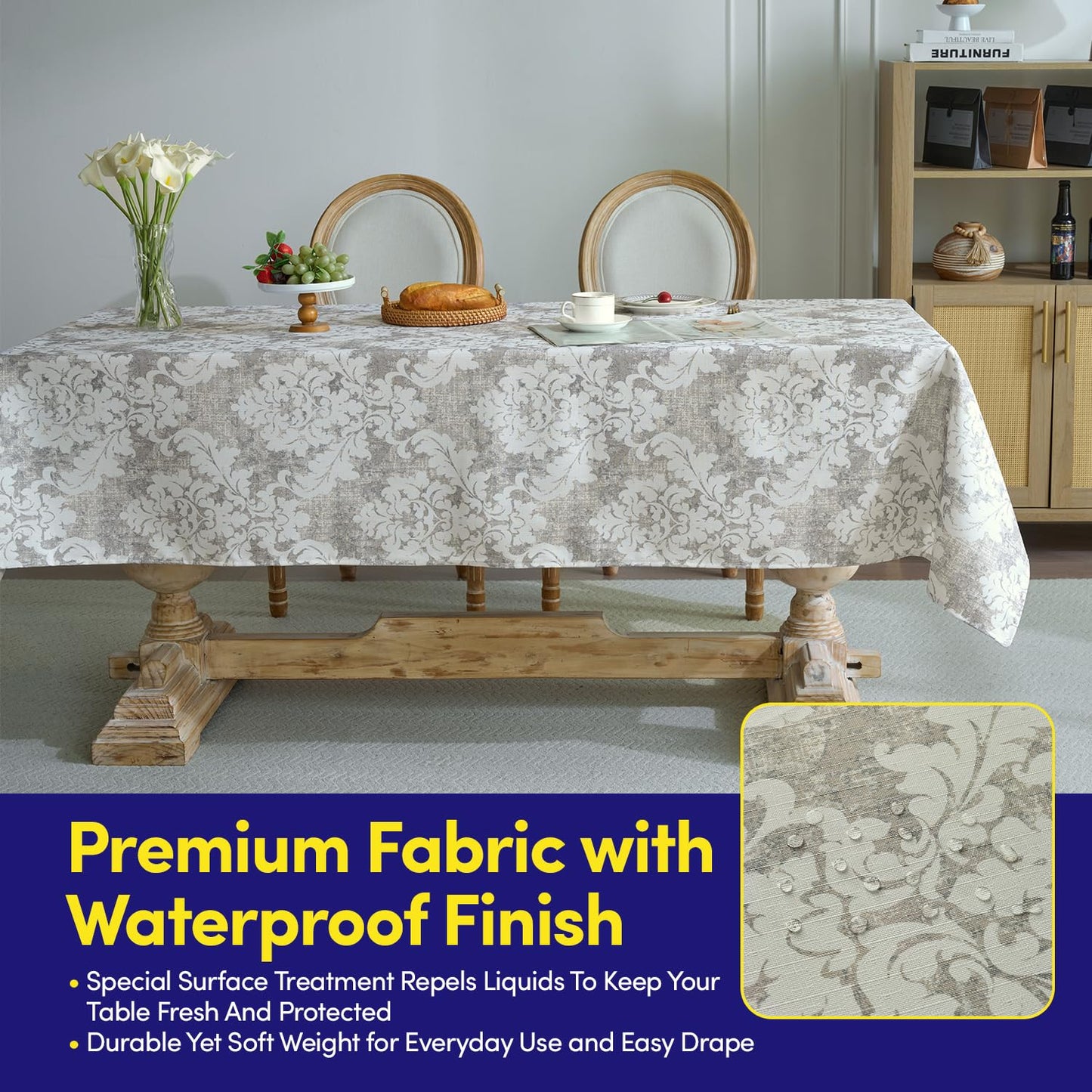 Rectangle Tablecloth 60" x 102" 100% Waterproof Fabric — Wipe-Clean, Tear-Proof Decorative Table Cover for Indoor & Outdoor Dining Elegant Patterns for Kitchens, Dining Rooms, Damask