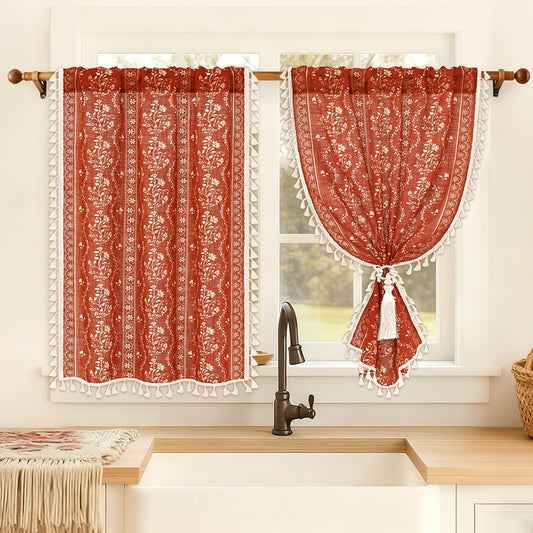 Yinhua Boho Kitchen Curtains 36 Inch Length Vintage Linen Burnt Orange Cafe Curtains Light Filtering Floral Tier Rod Pocket Farmhouse Rustic Tassel Terracotta Small Drapes with Tiebacks, 2 Panels