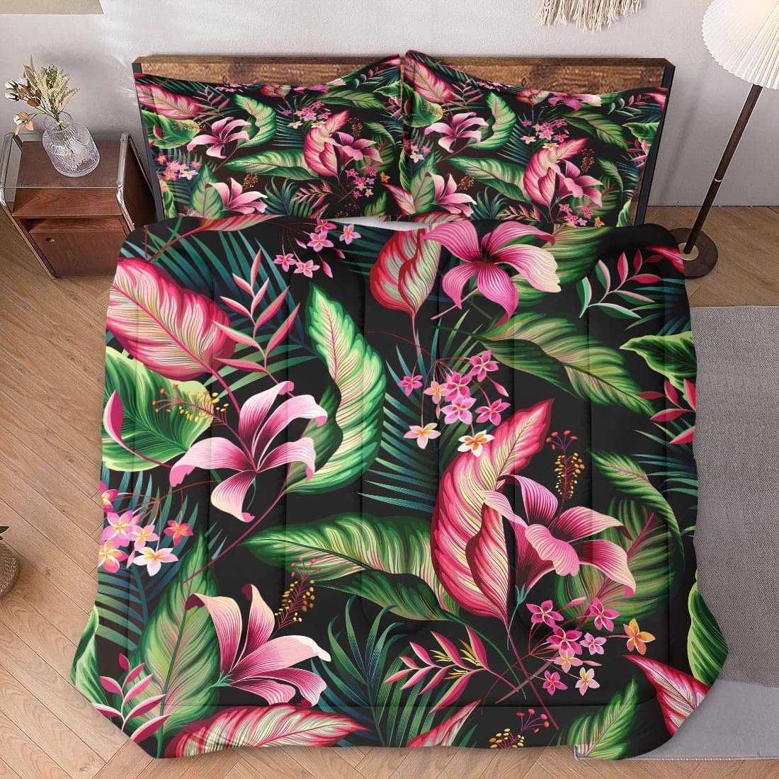 WeCozy Queen Size Comforter Set with 2 Pillowcases, Tropical Leaves Flower Hibiscus Soft 3 Pcs Bedding for Kids and Adults Bedroom Bed Decor