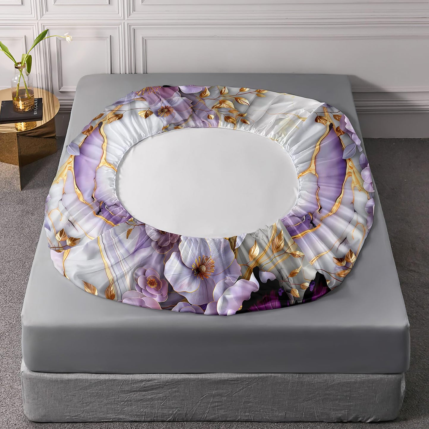 AILONEN Purple Floral Butterfly Fitted Sheet Set Full Size,Gold White Marble Flower Bedding Set for Kids Girls Women,1 Fitted Sheet with 2 Pillowcases-3 Pieces