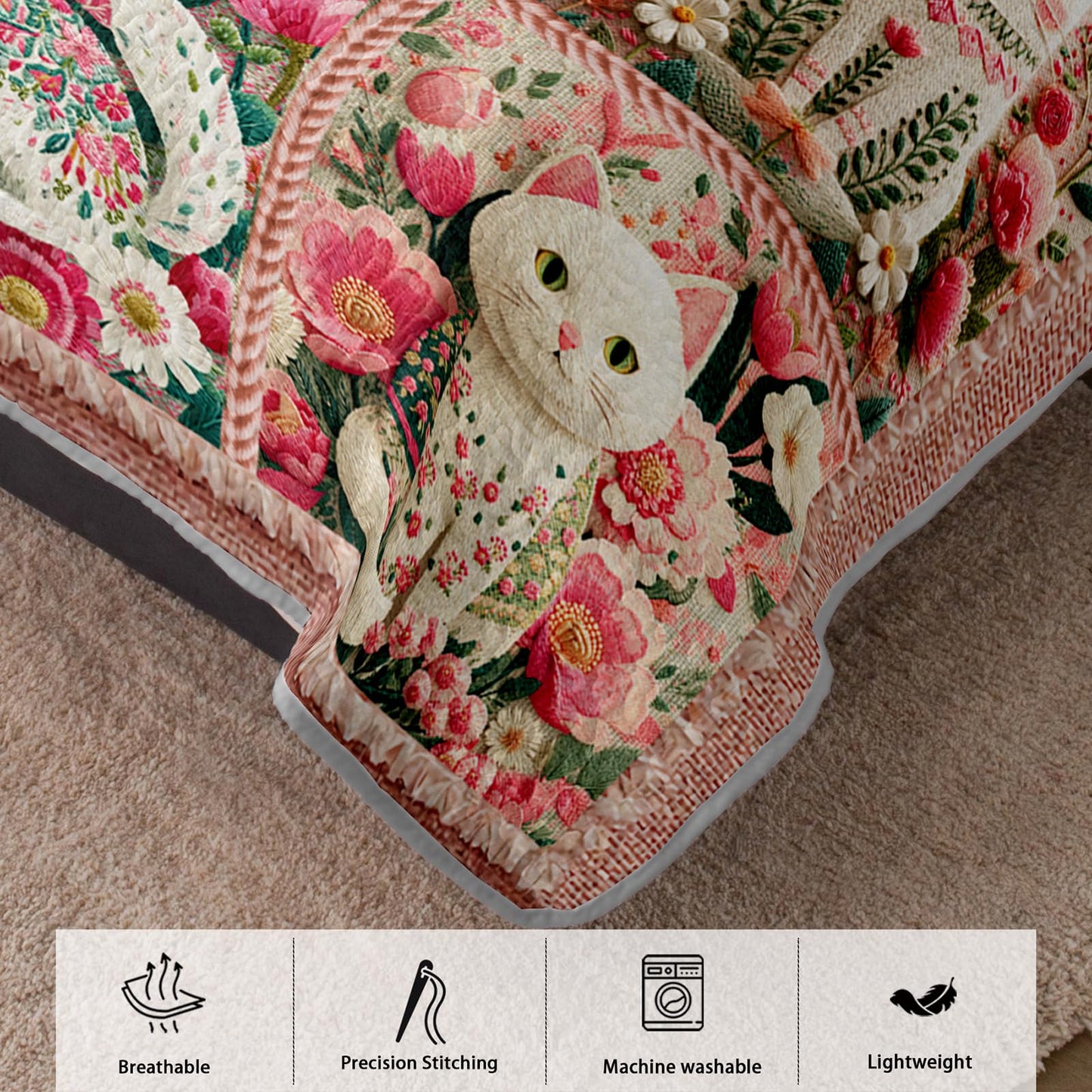 AILONEN Floral Cat Quilted Bedding Set King Size - Pink Cat Bedspread Coverlet,3-Piece Printed Bedding for Kids Girls Room Decor,Soft Microfiber Quilt,2 Pillowcases