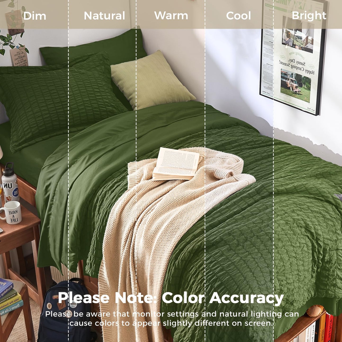 HYMOKEGE Olive Green Twin Comforter Set Seersucker 5 Pieces, All Season Luxury Bed in a Bag for Bedroom, Bedding Set with Comforter, Sheets, Pillowcase & Sham