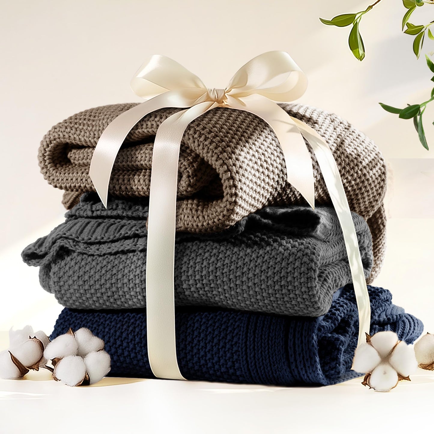 blunique 100% Cotton Cable Knit Throw Blanket, Lightweight Soft Knit Blanket for Sofa Couch Bed, Breathable All-Season Throw, Cozy Decorative Blanket, 50 x 60 Inch,Taupe
