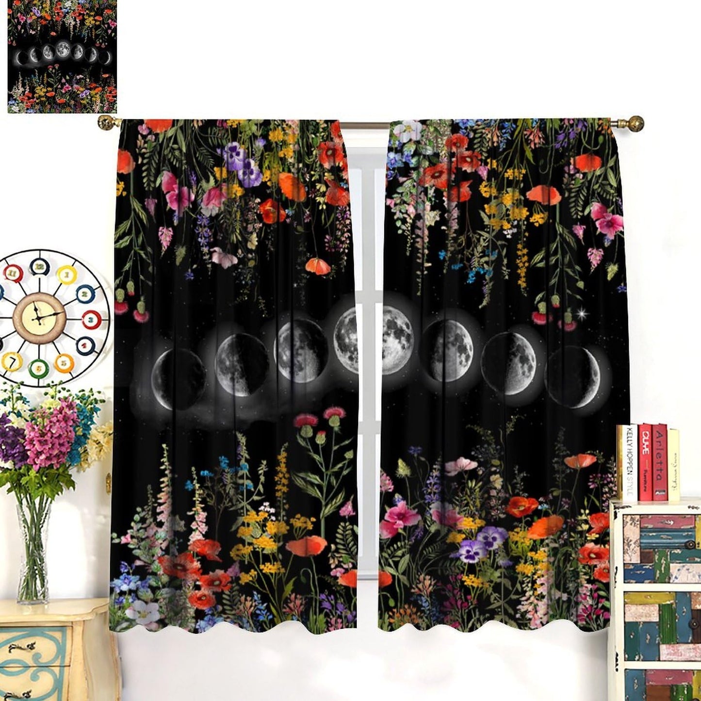 Moonlit Boho Floral Curtains,Garden Moon Phase Plants Flowers Village Art Print Window Drapes for Bedroom Living Room Kitchen Cafe （W20xL45 Inch） x2 Decor
