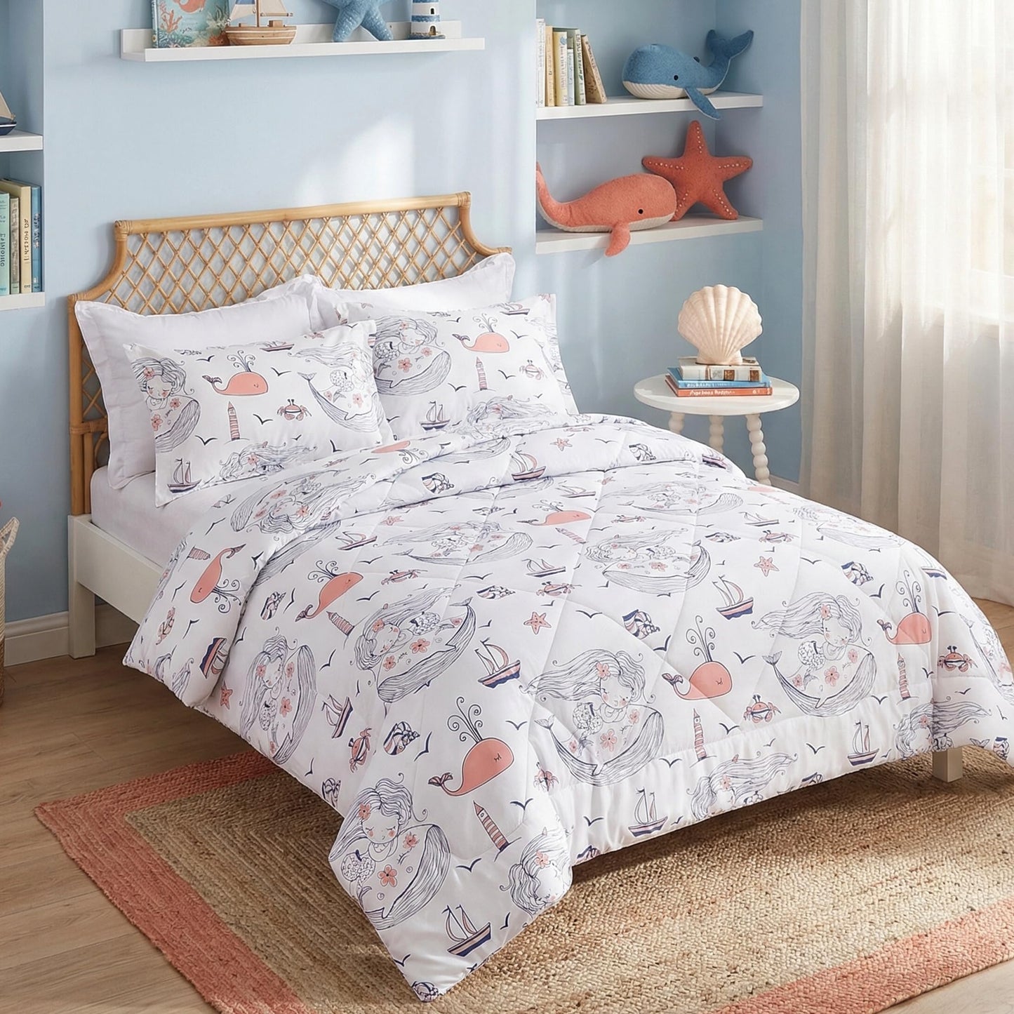JSD Mermaid Twin Comforter Set for Girls, 2 Piece Ocean Theme Microfiber Comforter with Pillow Sham, Lightweight All Season Washable