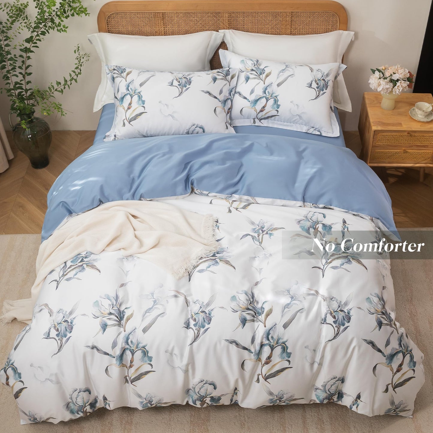 MILDLY Queen Duvet Cover Set - 100% Long-Staple Cotton White Blue Floral Patten Reversible Comforter Cover - 3Pcs Soft Breathable Luxury Bedding for All Season