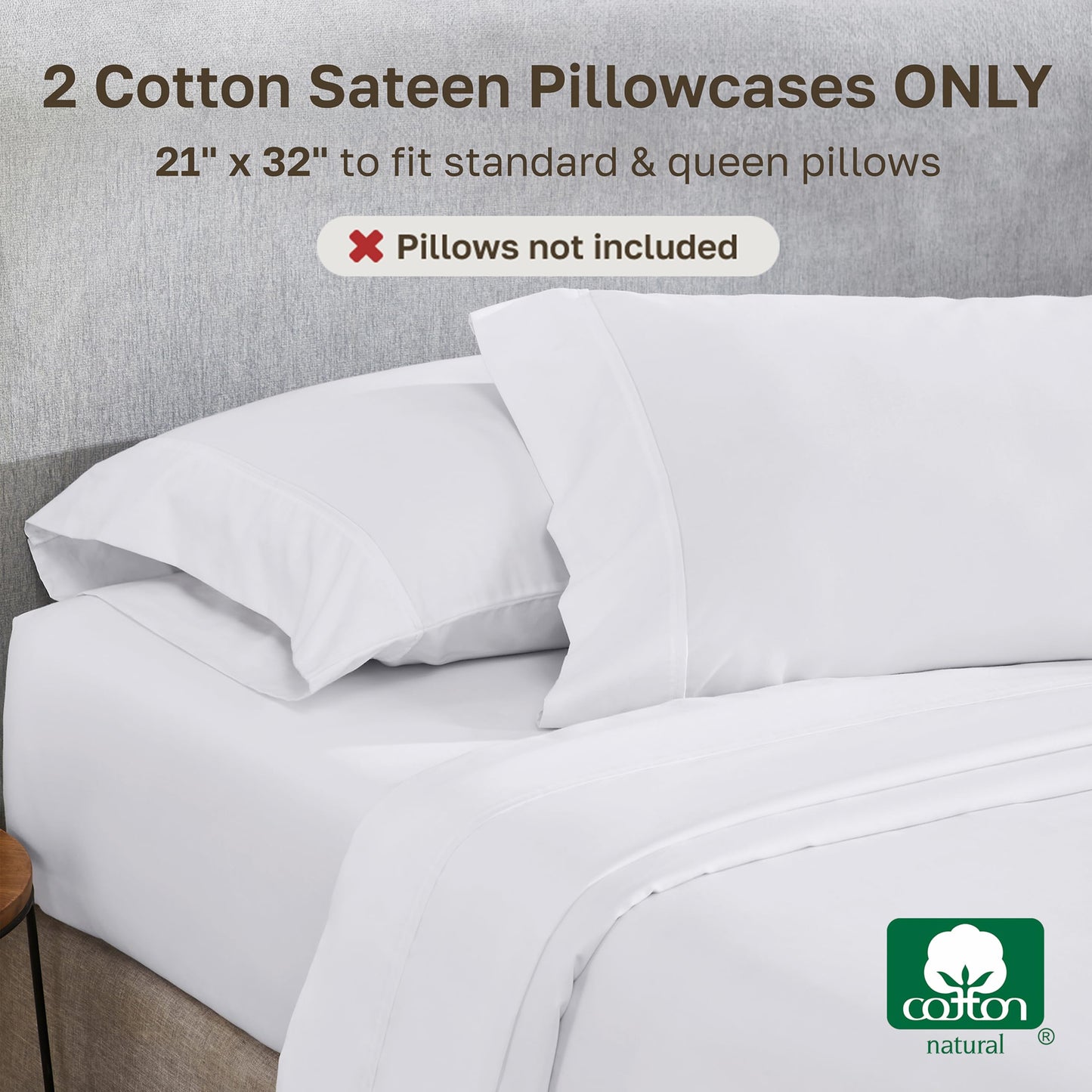 California Design Den Standard Queen Size Pillowcase Set - 400 Thread Count, 100% Cotton Sateen, Set of 2 Pillow Covers, Soft and Breathable - Bright White