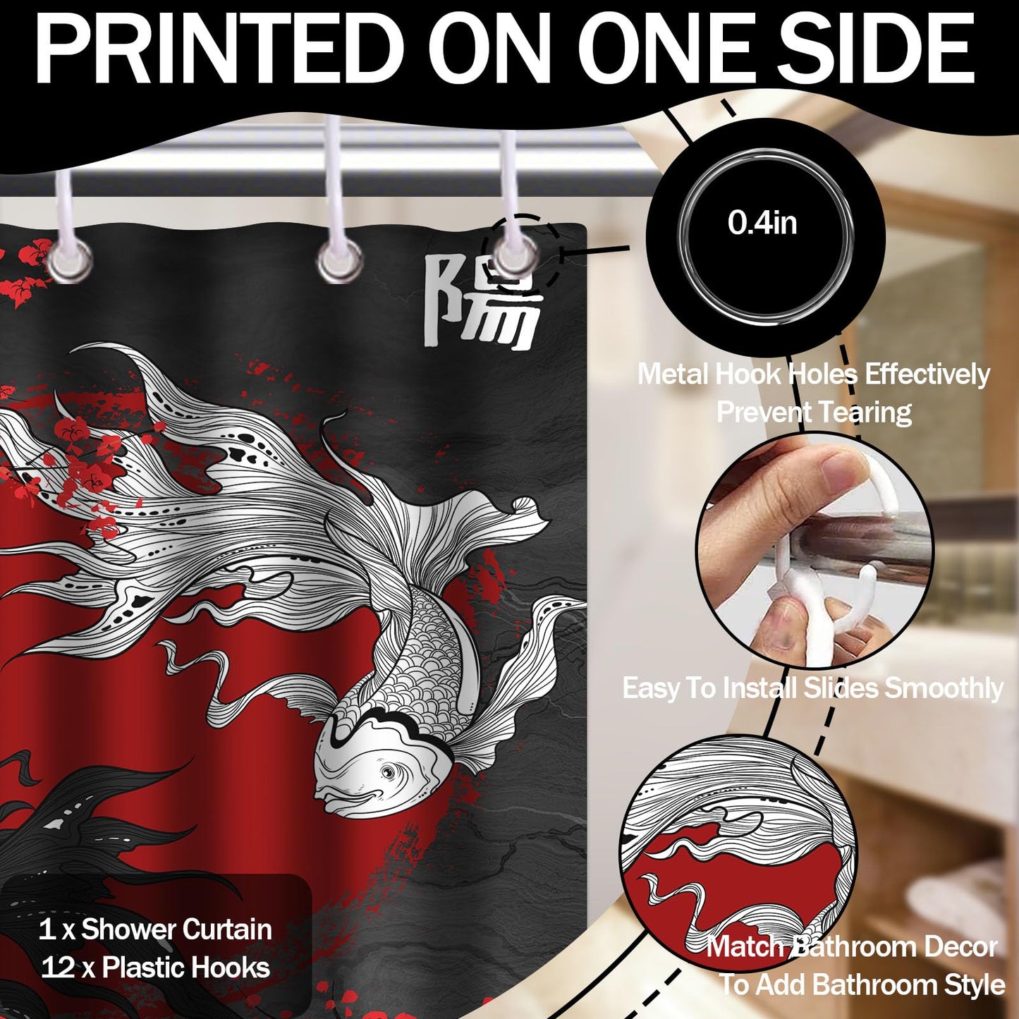 DLTAY Japanese Shower Curtain Black Red Koi Fish Yin Yang Decor 72 x 72 in