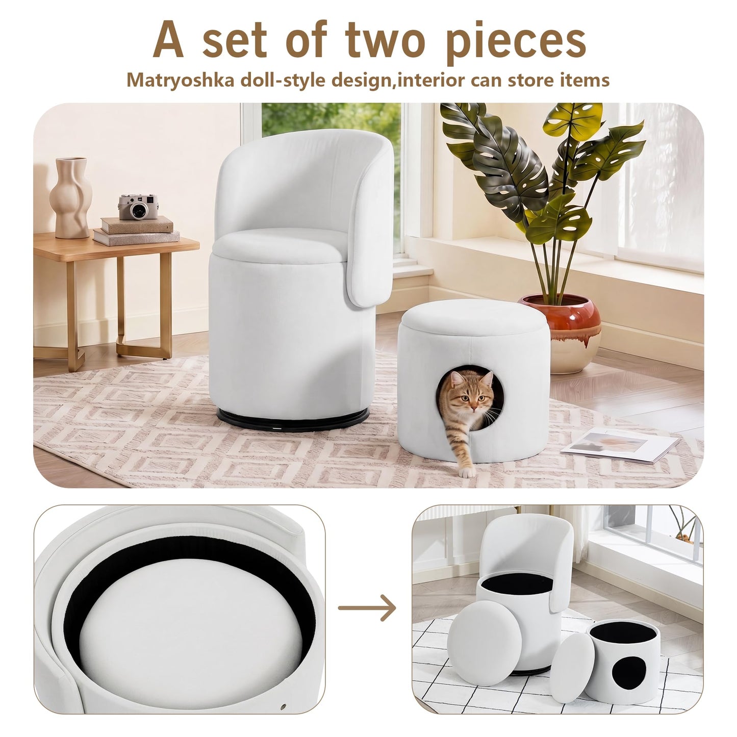 WOCFYK Makeup Vanity Chair with 360 Degree Swivel and Hidden Storage, Upholstered Barrel Accent Chair with Back, Matching Cat Bed Stool for Bedroom, Vanity Room, Living Room, White Velvet