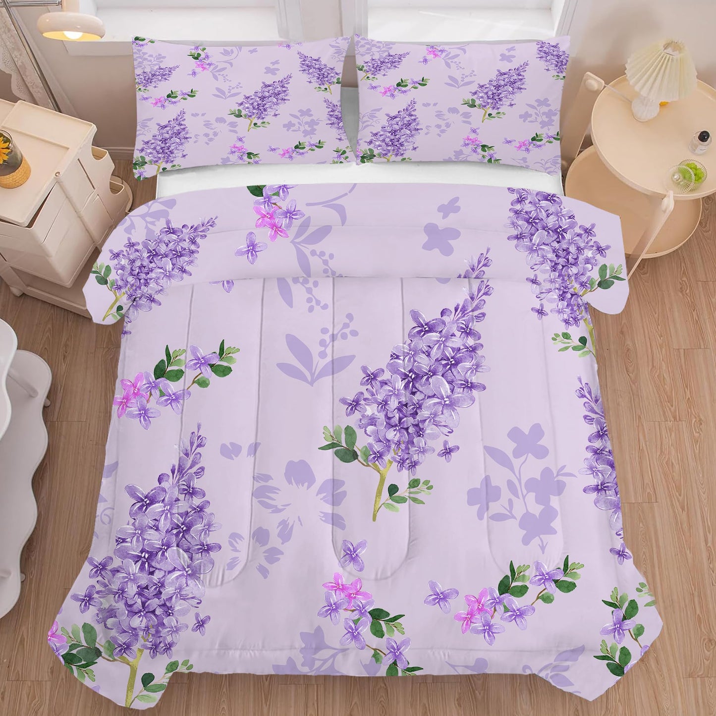 FUYEUN Floral Bedding Set Full : Purple Lilac Flower Comforter Set for Girls Women Kids Teens Bedroom Bed Bedspread Quilt,1 Comforter,2 Pillow Cases