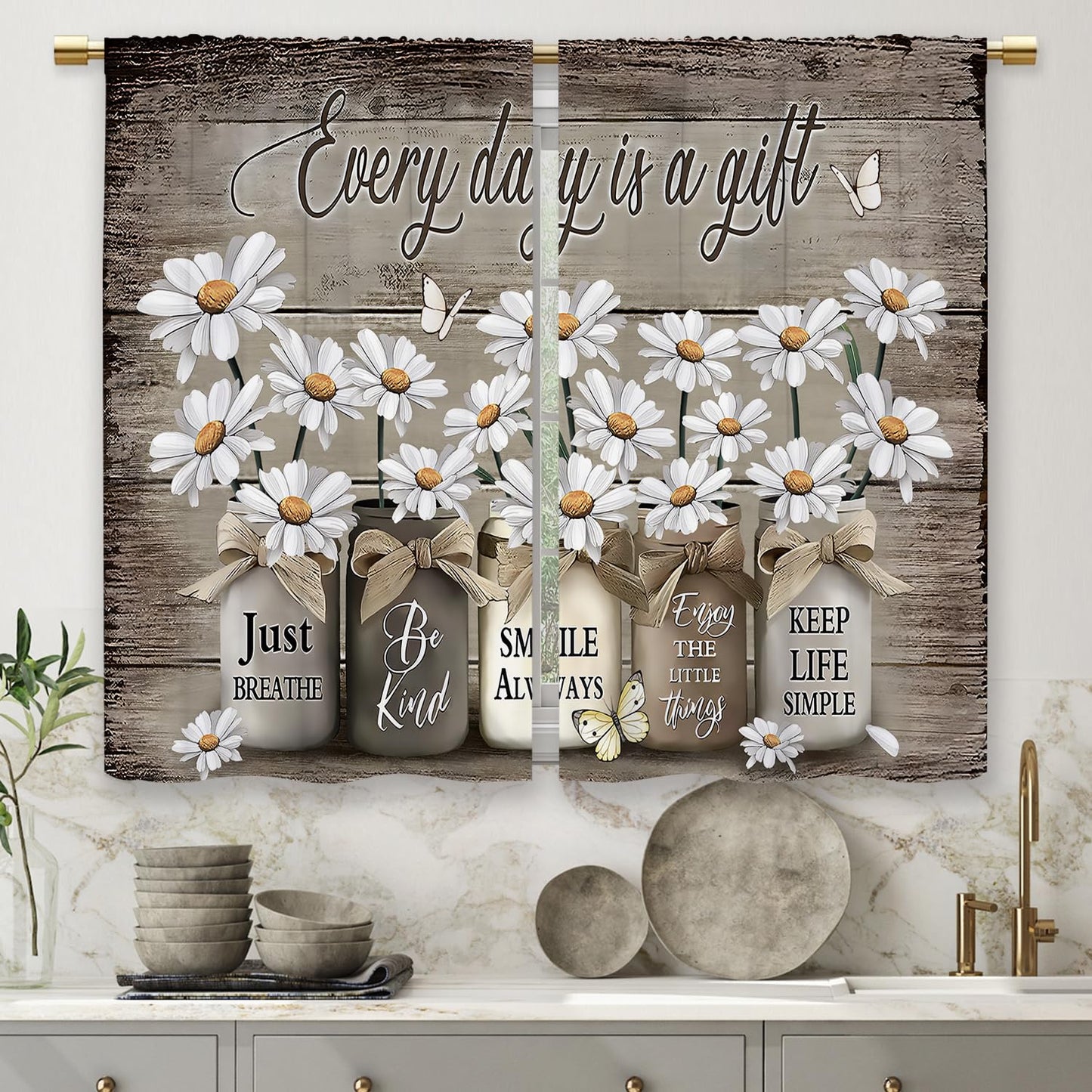 Laifzere Farmhouse Floral Kitchen Curtains Daisy Rustic Vintage Flower Inspirational Small Short Cafe Window Curtains Wooden Country Quotes Bathroom Tier Window Treatment Drapes (27.5x39 Inch)
