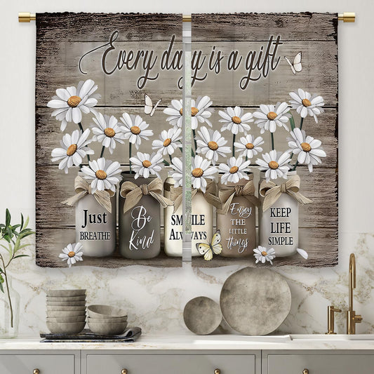 Laifzere Farmhouse Floral Kitchen Curtains Daisy Rustic Vintage Flower Inspirational Small Short Cafe Window Curtains Wooden Country Quotes Bathroom Tier Window Treatment Drapes (27.5x39 Inch)