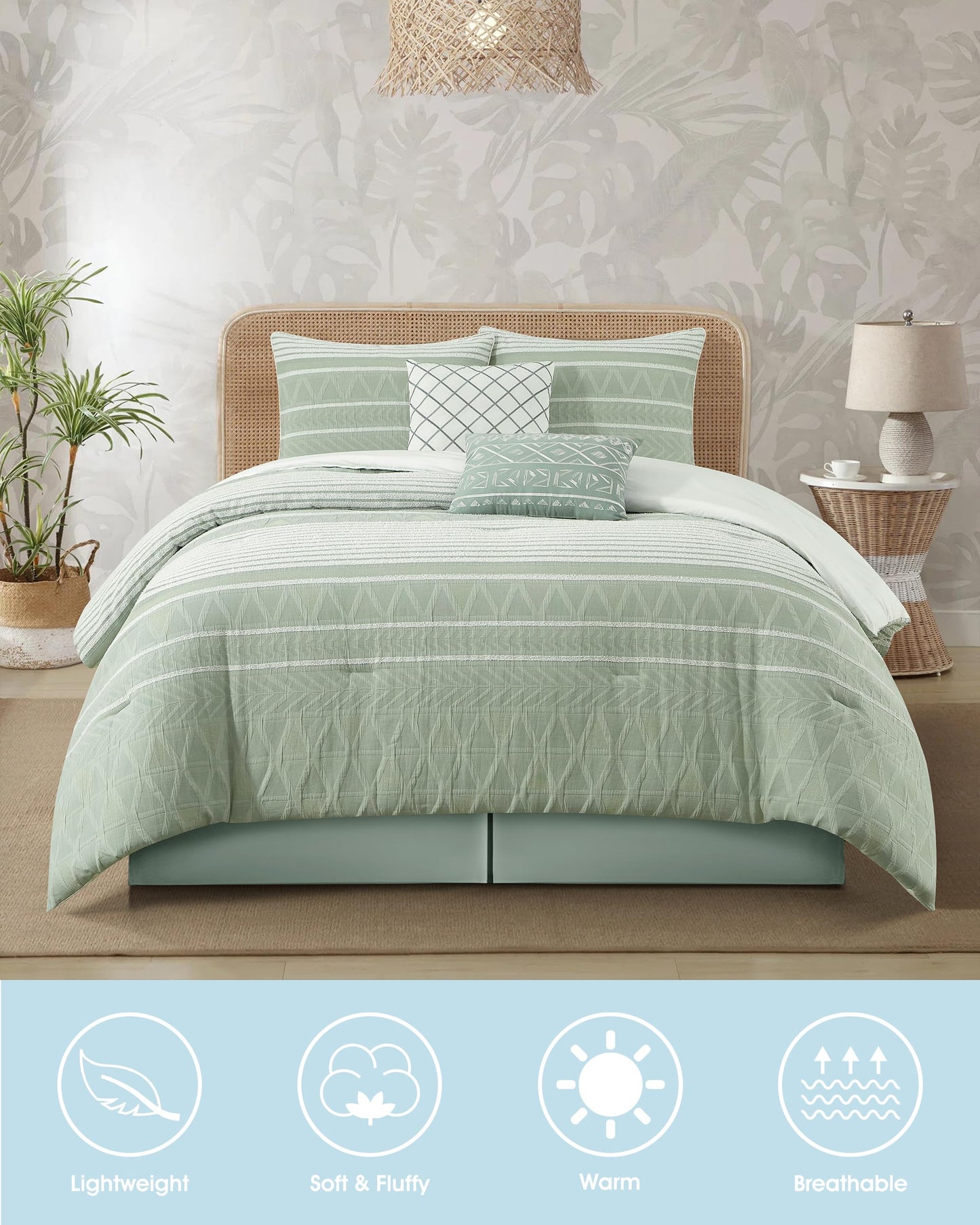 LANCO MODERN LIFESTYLE Cotton Comforter Set Queen, Gorgeous Geometric Jacquard, Sage Soft Lightweight Bedding Set for All Seasons, Bedskirt, Pillow Shams and Decor Pillows