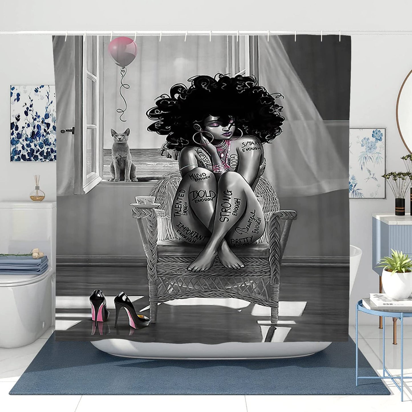 TYAKASHA African American Woman Shower Curtain Waterproof Polyester Fabric Shower Curtain for Bathroom Grey Bathroom Curtain Machine Washable Quick Dry 72 x 72 Inches with 12 Hooks