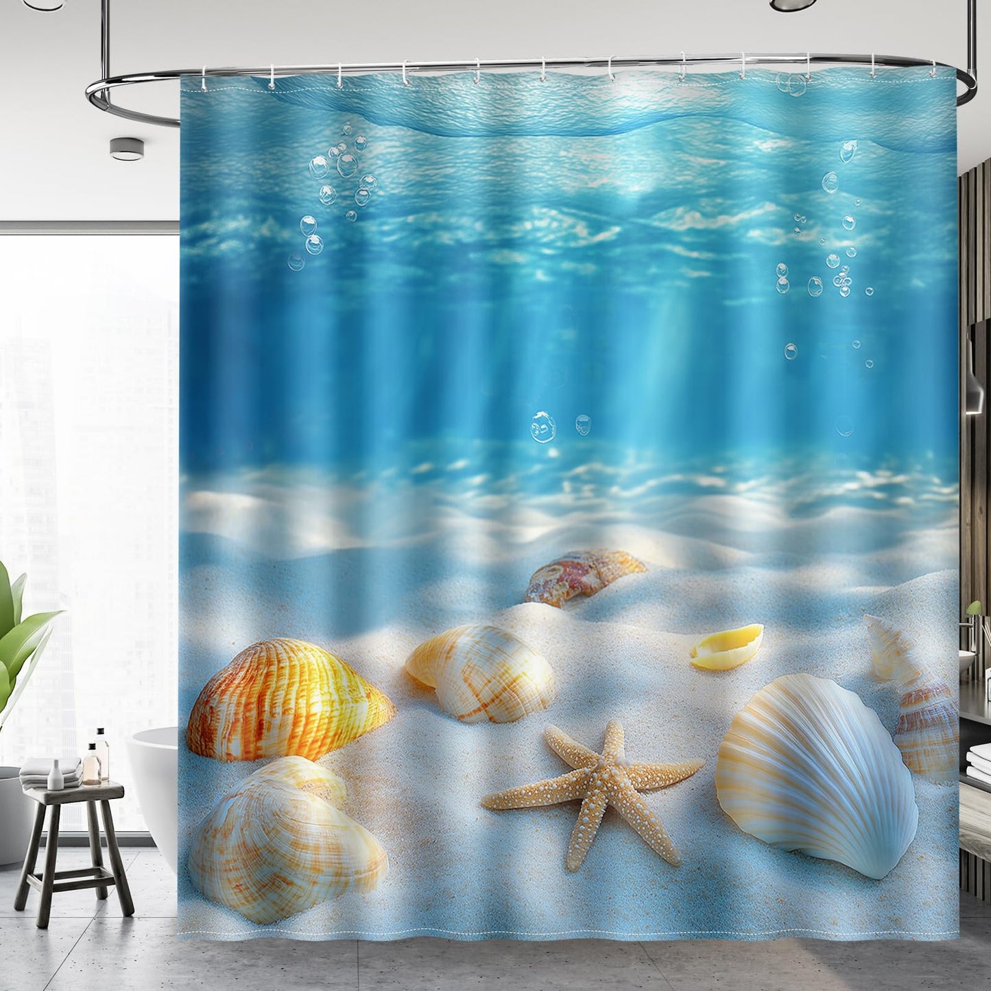 Aimego 3D Ocean World Shower Curtain Seashells Starfish Underwater Tropical Sea Life Nautical Coastal Summer Nature Aesthetics Bathroom Decor Fabric Shower Curtain Set with 12 Hooks, 72"x72"