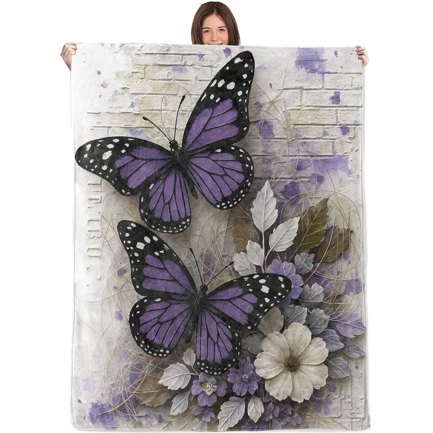 WKEDIN Purple Butterfly Blanket,50x60in,Cozy Flannel Throw with Elegant Monarch Butterflies White and Lavender Flower Design,Soft Lightweight Gifts Blankets for Women,Sofa Bed Travel Rustic Decor