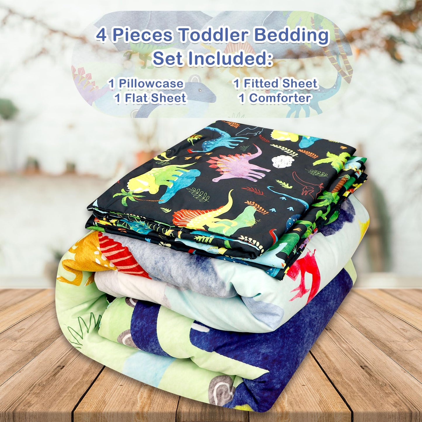 DAYEEBALL 4 Piece Toddler Bedding Set, Ultra Soft and Breathable Cartoon Dinosaur Toddler Comforter Sets for Boys Includes Quilted Comforter, Fitted Sheet, Flat Sheet and Pillowcase