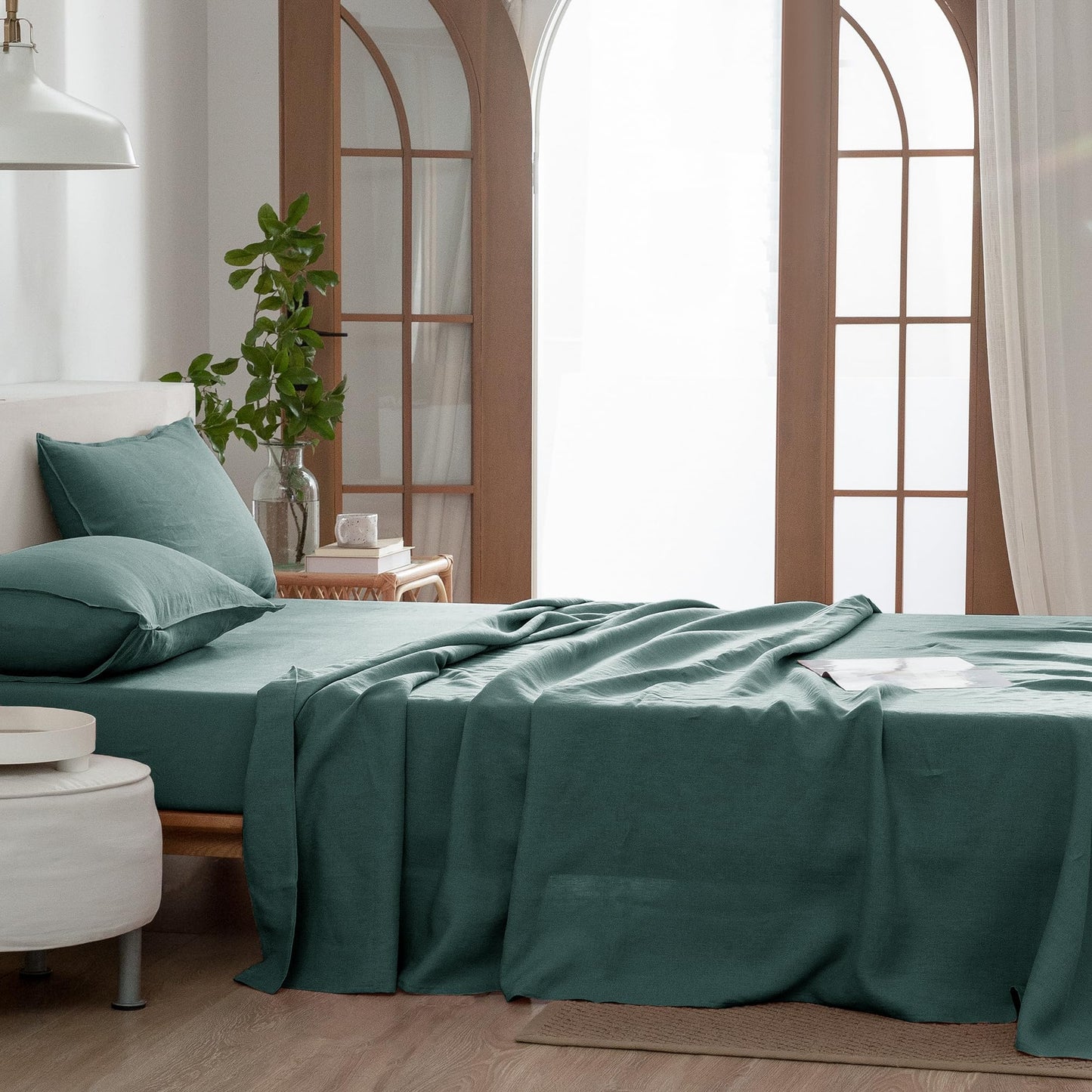 EVERLY Linen Sheets Set Twin Size,100% French Stonewash Pure Linen Sheets Set,3Pieces (1Flat Sheet,1Fitted Sheet,1Pillowcase) Suitable for Hot Sleepers,Deep Pocket Bedding Set-Aqua