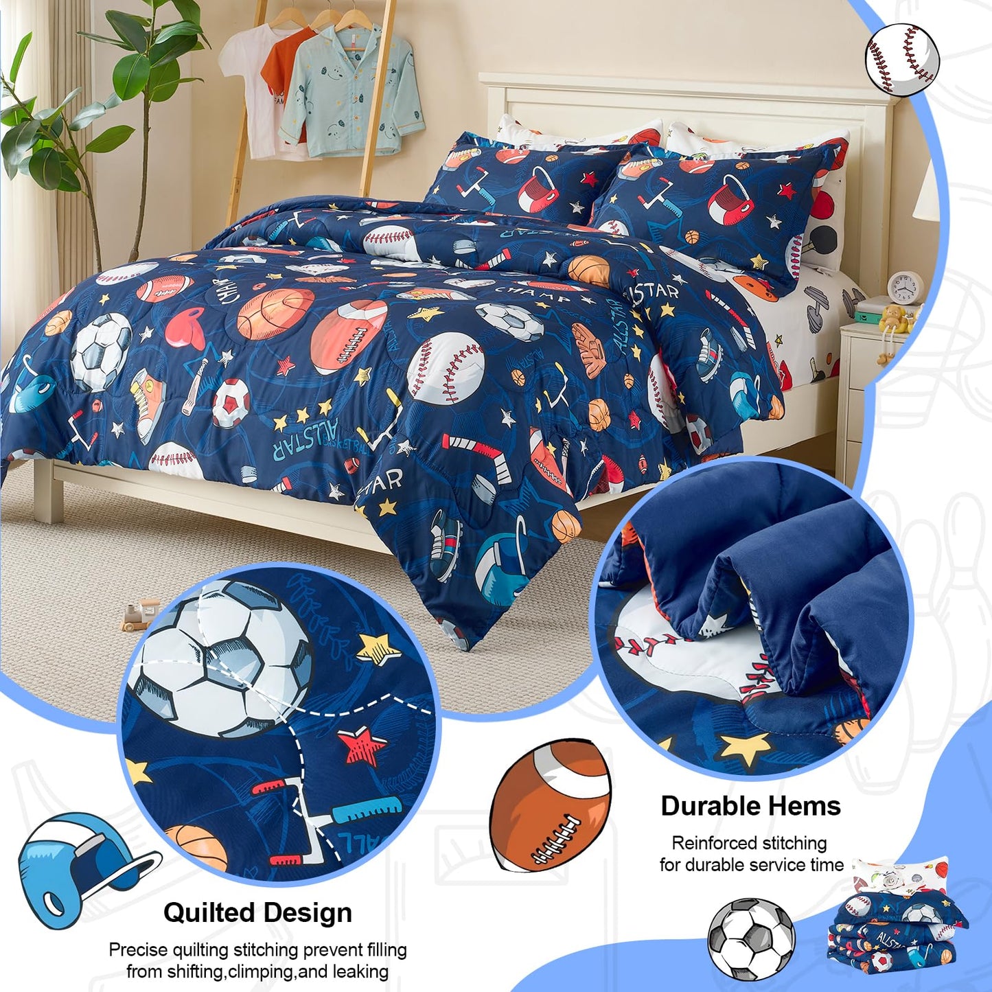 Jameswish 7 Pieces Sports Comforter Set for Boys Kids Soft Fluffy Baseball Bedding Set Full Size with 3D Soccer Basketball Football Design Bed in A Bag as Gifts