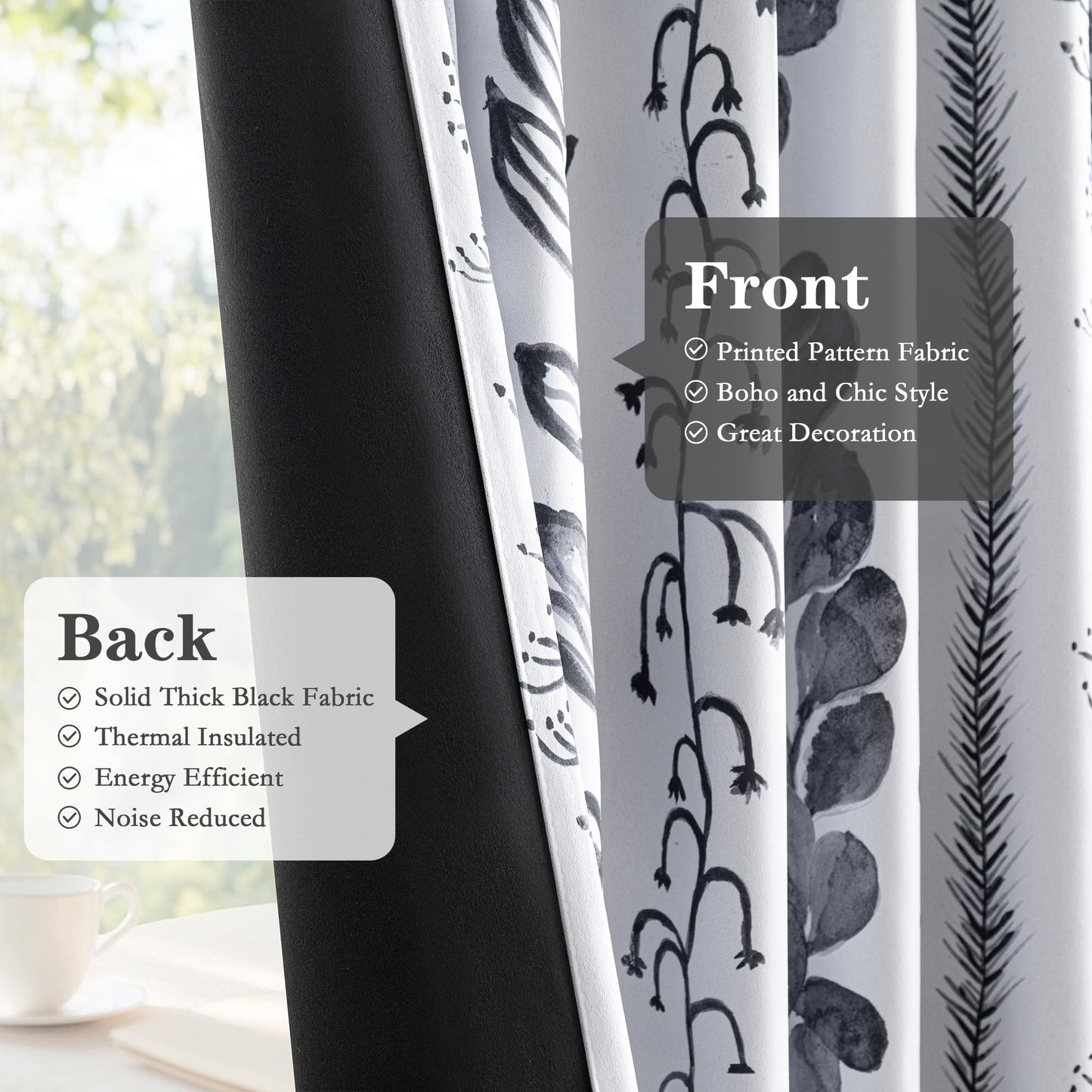 MEETSKY Boho Blackout Leaves Patterned Curtains 84 Inch Long 2 Panels Set for Bedroom, Room Darkening Dark Grey Drapes for Living Room, Thermal Insulated Rod Pocket Back Tab Window Treatment, 50"Wide