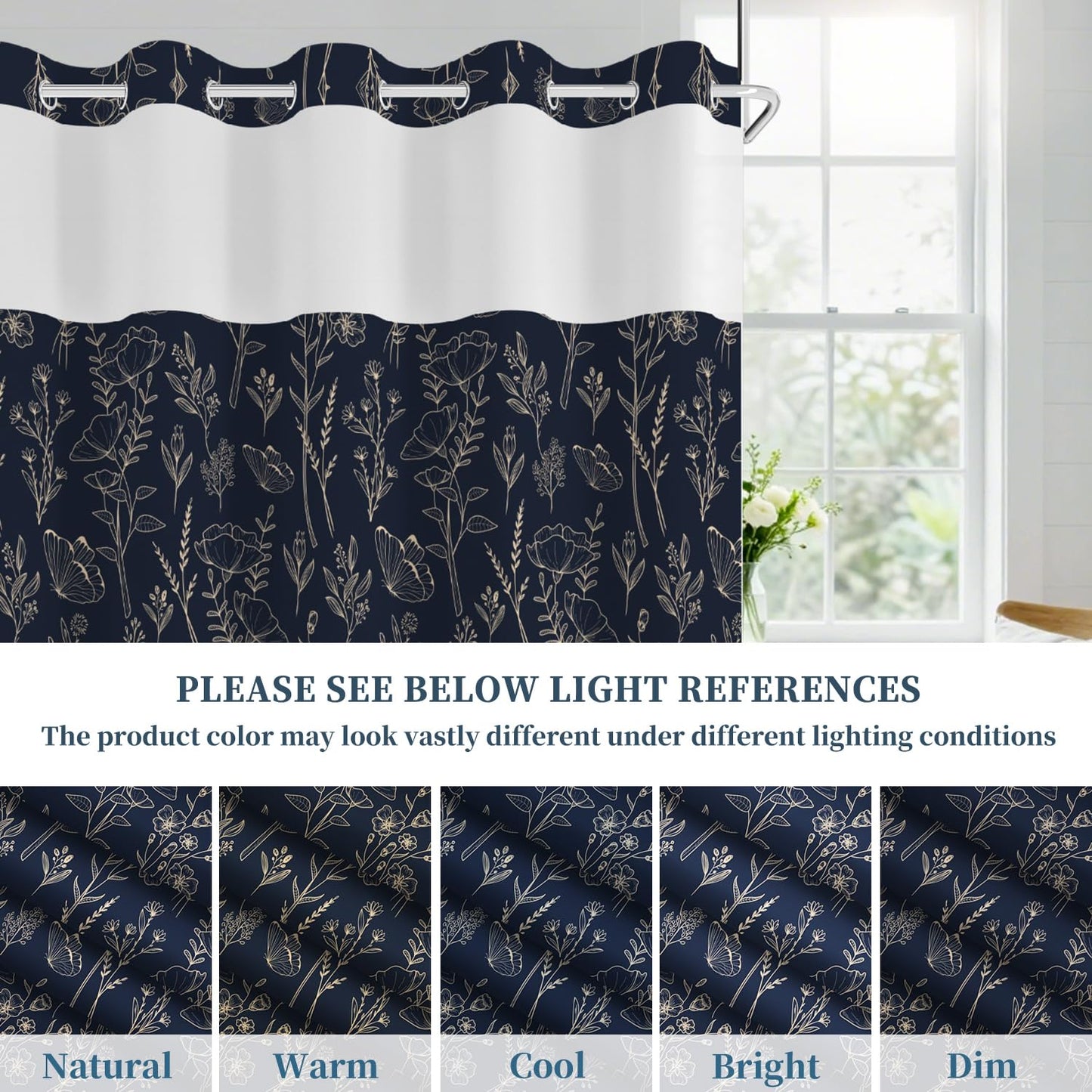 No Hook Shower Curtain with Snap in Liner Set, Dark Boho Navy Gold Forest Botanical Floral Neutral Pretty Waterproof Fabric Shower Curtain for College Dorm Hotel Apartment Bathroom Bathtub, 71x74 Inch