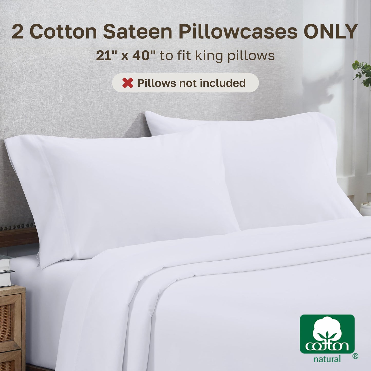 Heirloom Soft, Smooth & Thick Certified 800 Thread Count 100% Cotton Sateen, 2 King Size Pillow Cases, Fits King Pillows (Bright White)