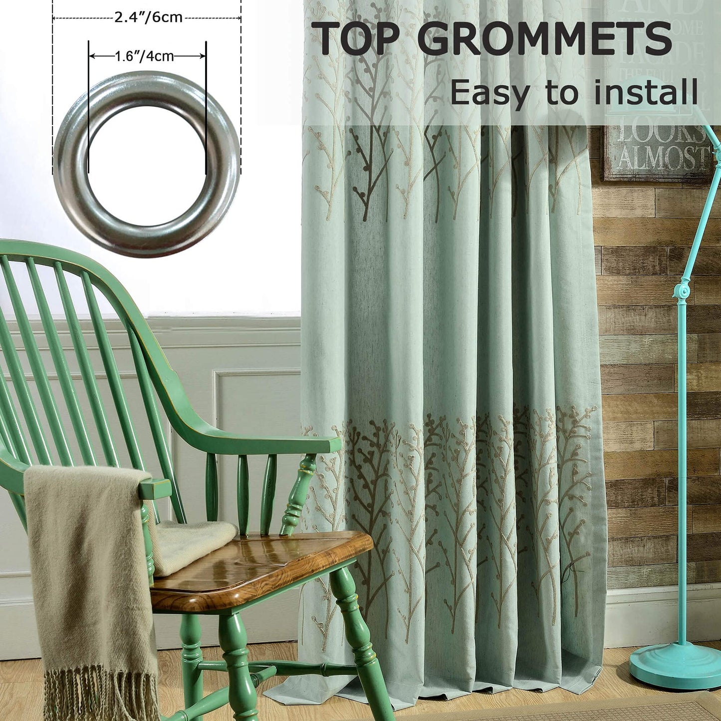 VOGOL Faux Linen Branch Embroidered Grommet Curtains, 2 Panels, 52 x 84