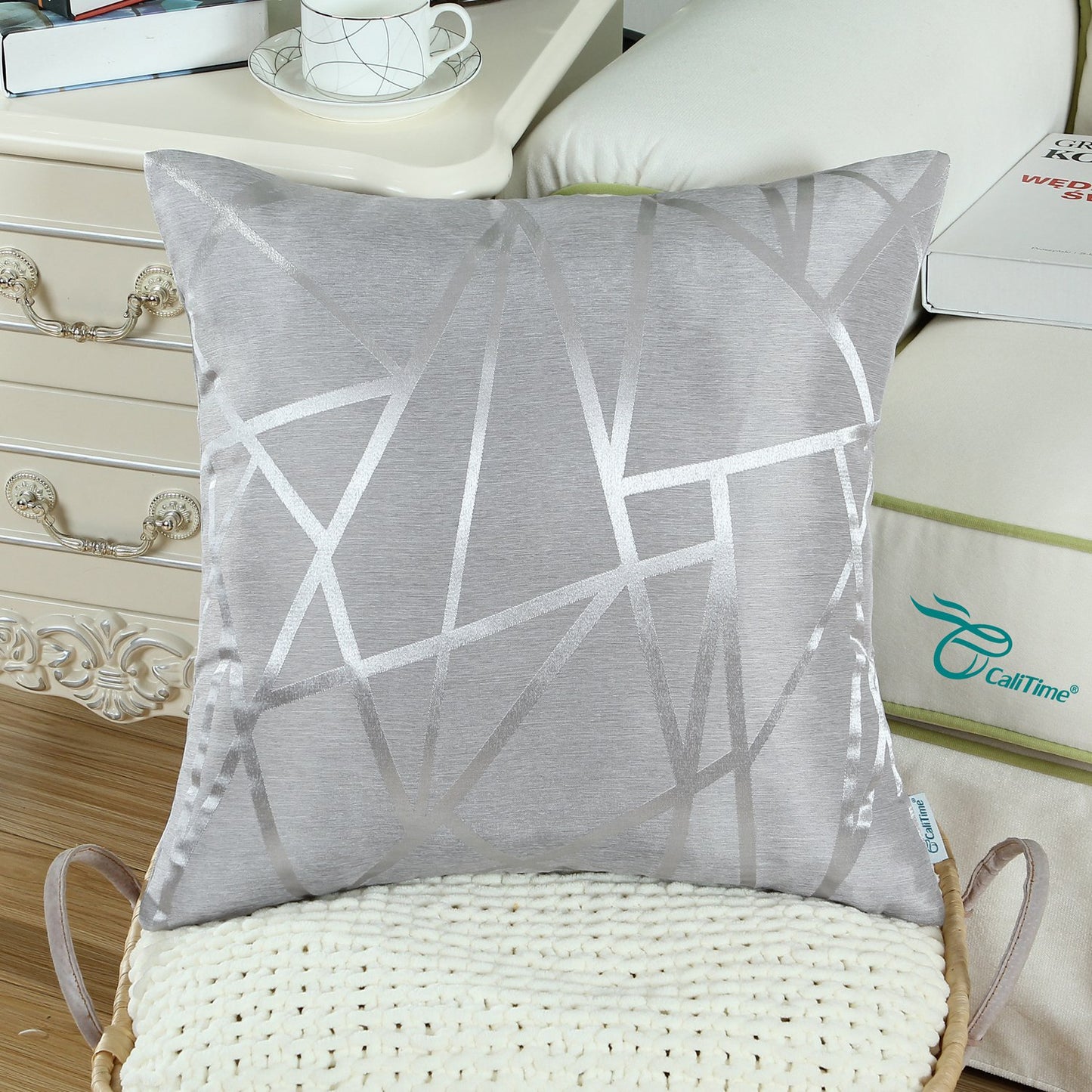CaliTime Pack of 2 Throw Pillow Covers Cases for Couch Sofa Home Decor Modern Shining & Dull Contrast Triangles Abstract Lines Geometric 18 X 18 Inches Silver Gray