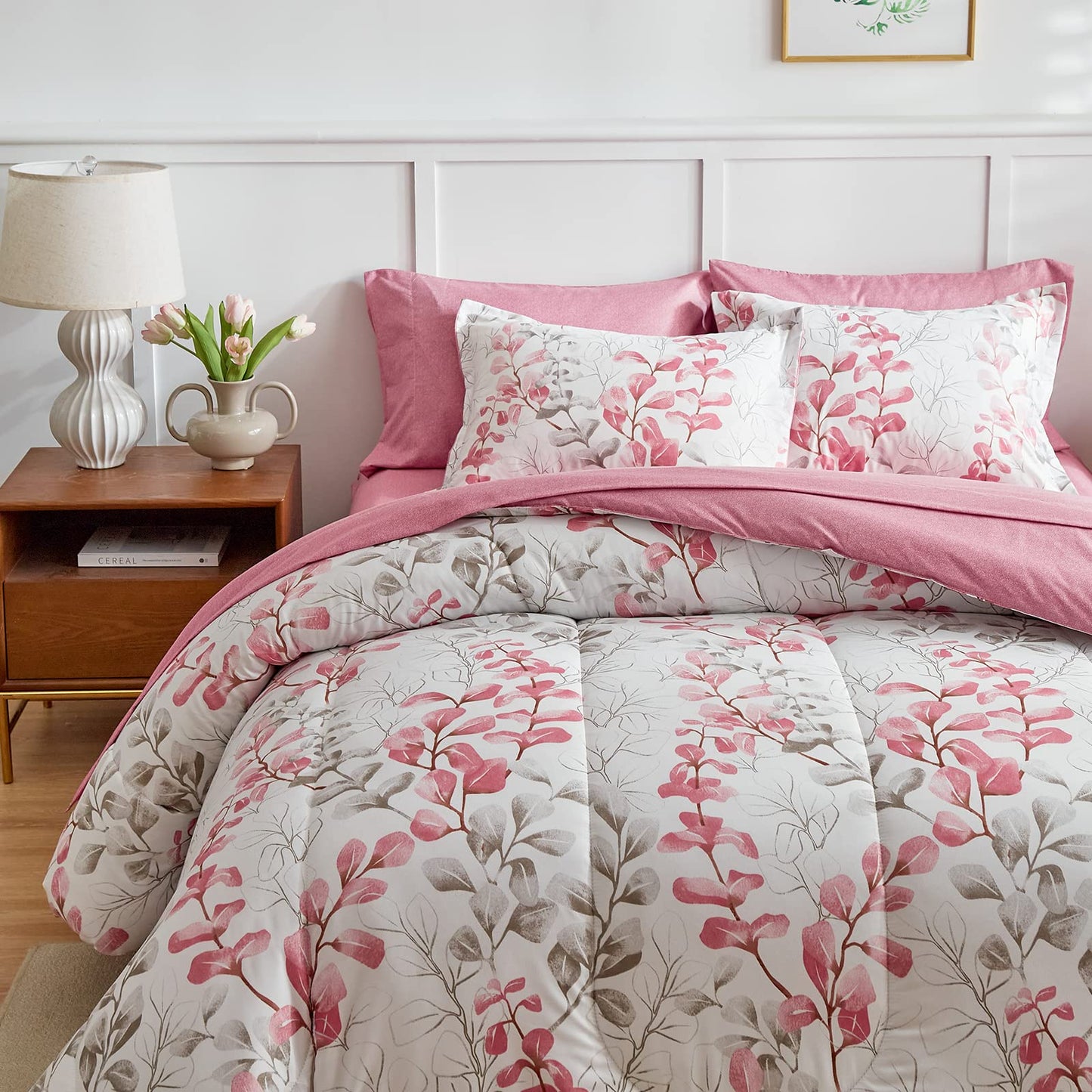Pink Floral Comforter Sheet Set Bed in a Bag 7 Pieces Queen Size Pink Gray Flower Leaves Bedding Set (1 Comforter 2 Pillow Shams 1 Flat Sheet 1 Fitted Sheet 2 Pillowcases)
