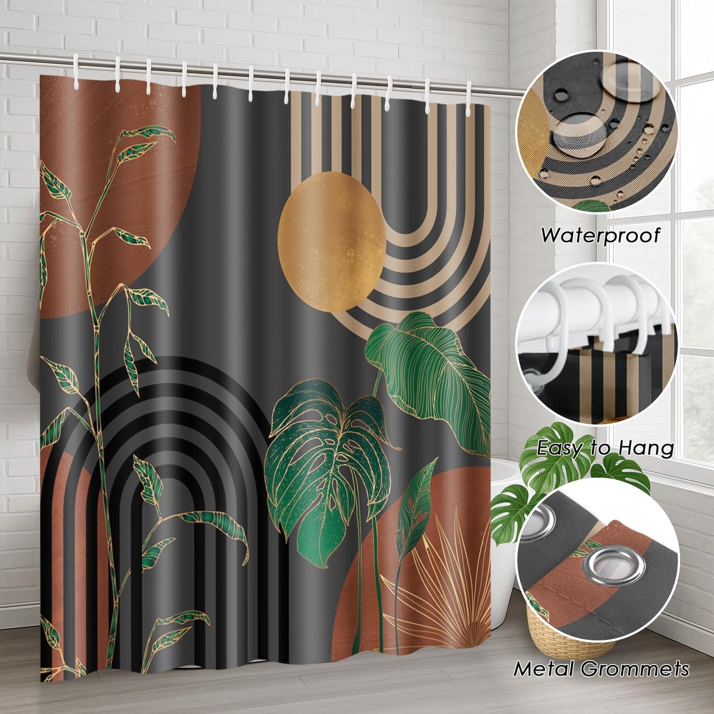 Tayney Brown Boho Mid Century Shower Curtain Set with Toilet Lid Cover and Non-Slip Rugs, Abstract Retro Grey Background 4 Pcs Modern Minimalist Aesthetic Shower Curtain for Bathroom Set with 12 Hooks