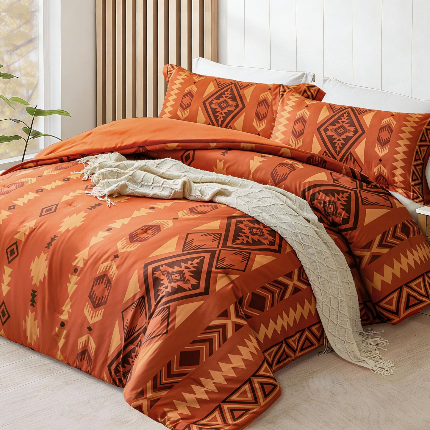 Tyrot King Comforter Set – 3 Piece Burnt Orange Boho Aztec Bedding, Western Southwestern Style Comforter Sets, Soft Lightweight Comforter for All Seasons, 1 Comforter & 2 Pillow Shams