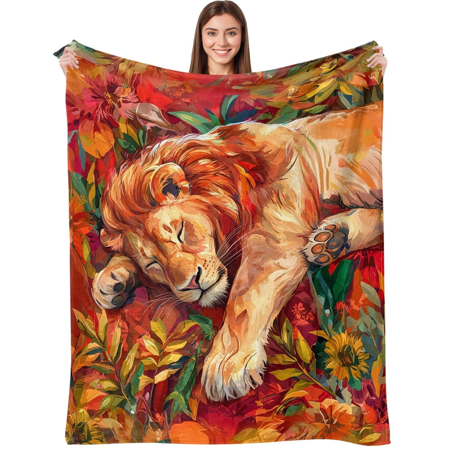 kampdream Lion Throw Blanket, Cozy Flannel Blanket with Sleeping Lion and Autumnal Foliage Design, Super Soft Nap Warm Blanket for Couch Sofa Chair Living Room Unique Gift Red 50×60 inch