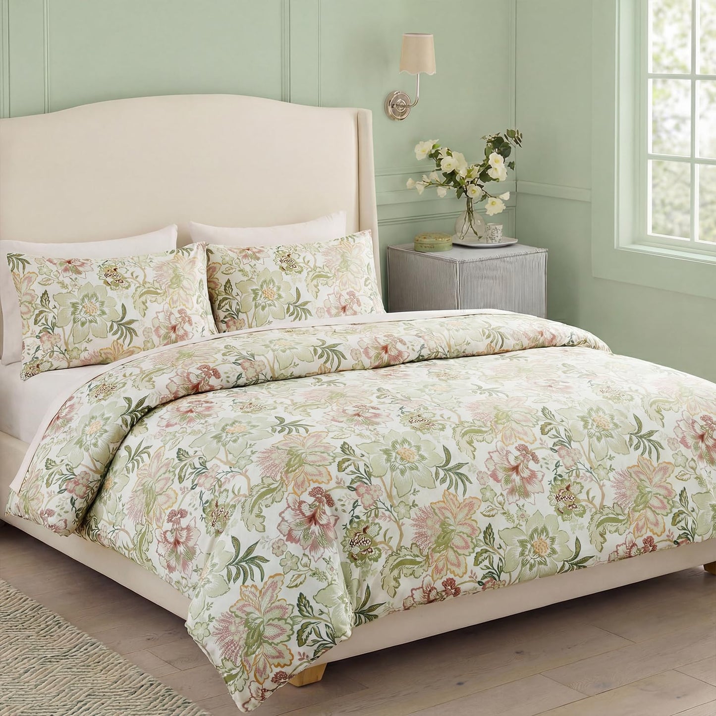 Bedorm 100% Cotton Duvet Cover Set Botanical Floral Bedding Queen Pink Flower Green Leaf French Country Bedroom Decor Soft & Durable Duvet Cover with Zipper Closure and Corner Ties