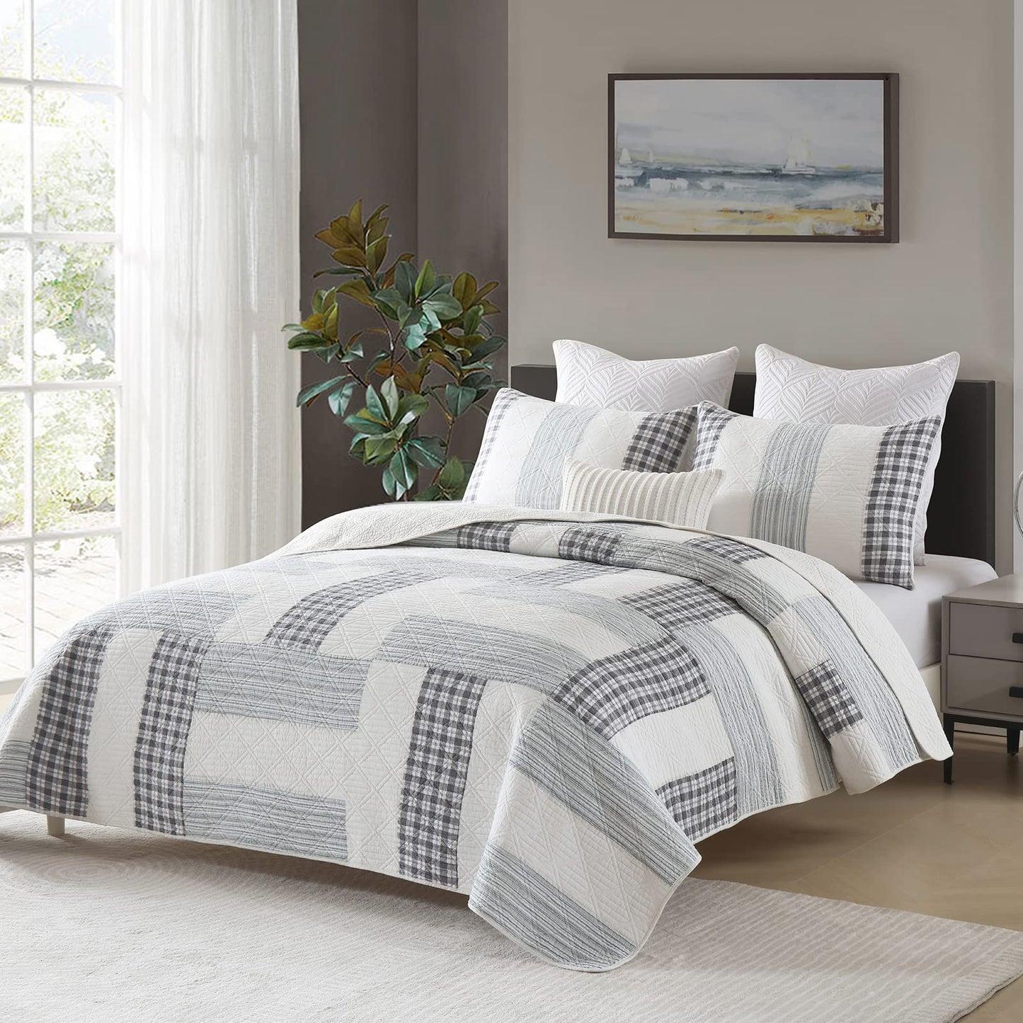Finlonte Quilt King Size 100% Cotton Lightweight Soft King Quilt Real Patchwork Plaid Quilted Bedspread Black Gray White Quilt Bedding Set 3 Pieces