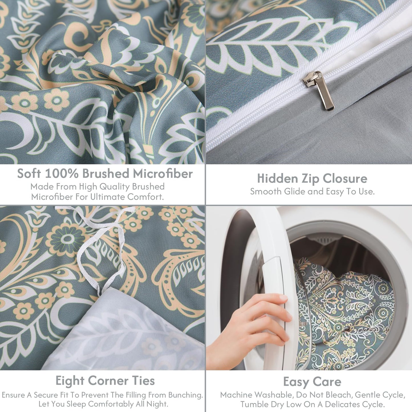LONAVA Queen Paisley 3 Pcs Duvet Cover Set, Breathable Soft Microfiber Grey Lining Comforter Cover with Zipper Closure, and 2 Anti-Pilling, Fade Resistant Pillowcases, Green Pasliey