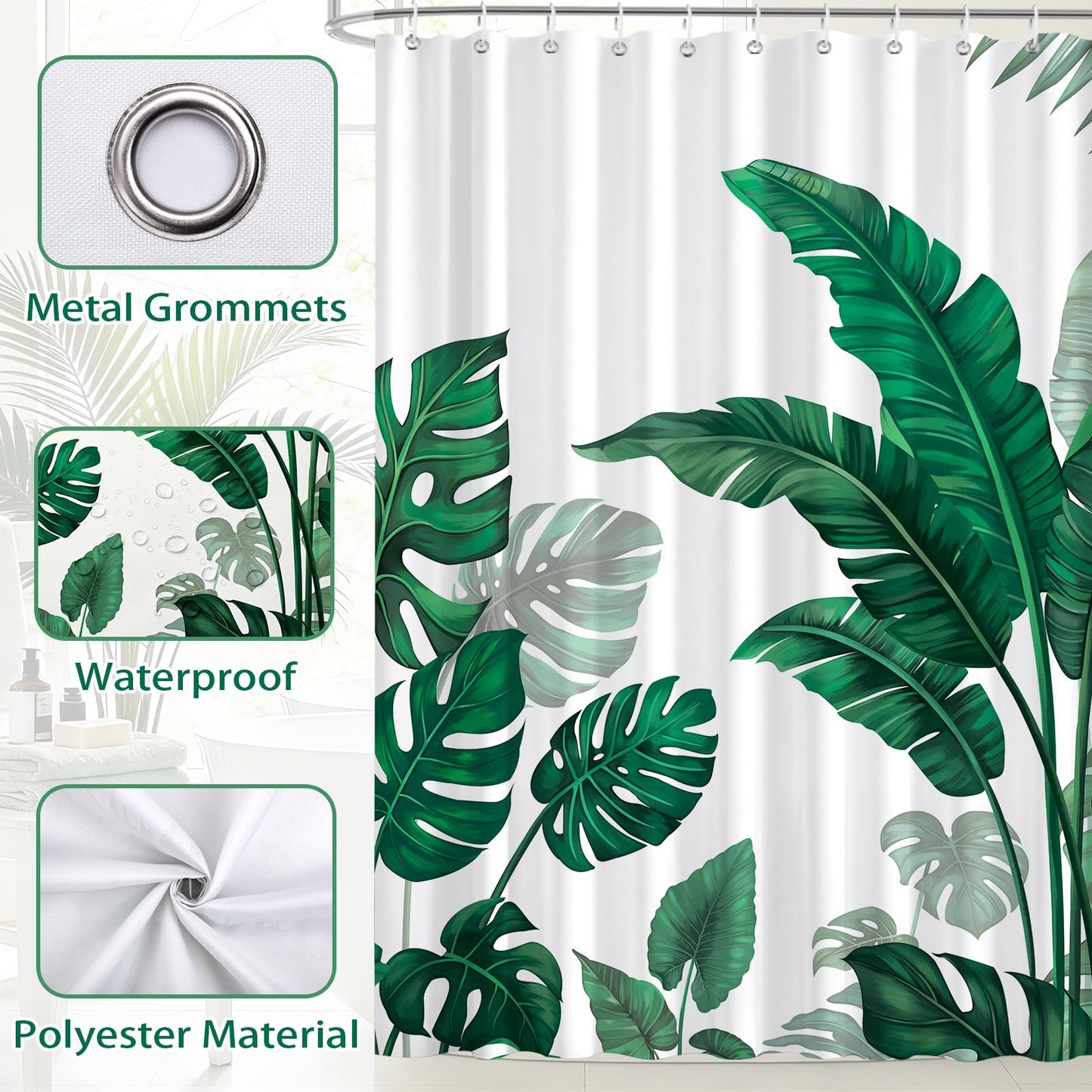 hometrixx Summer Tropical Plant Shower Curtain Dark Green Botanical Monstera Palm Tree Leaves Shower Curtains for Bathroom Bathtub Light Weight Washable Waterproof Fabric with 12 Hooks 72 X 72 Inch