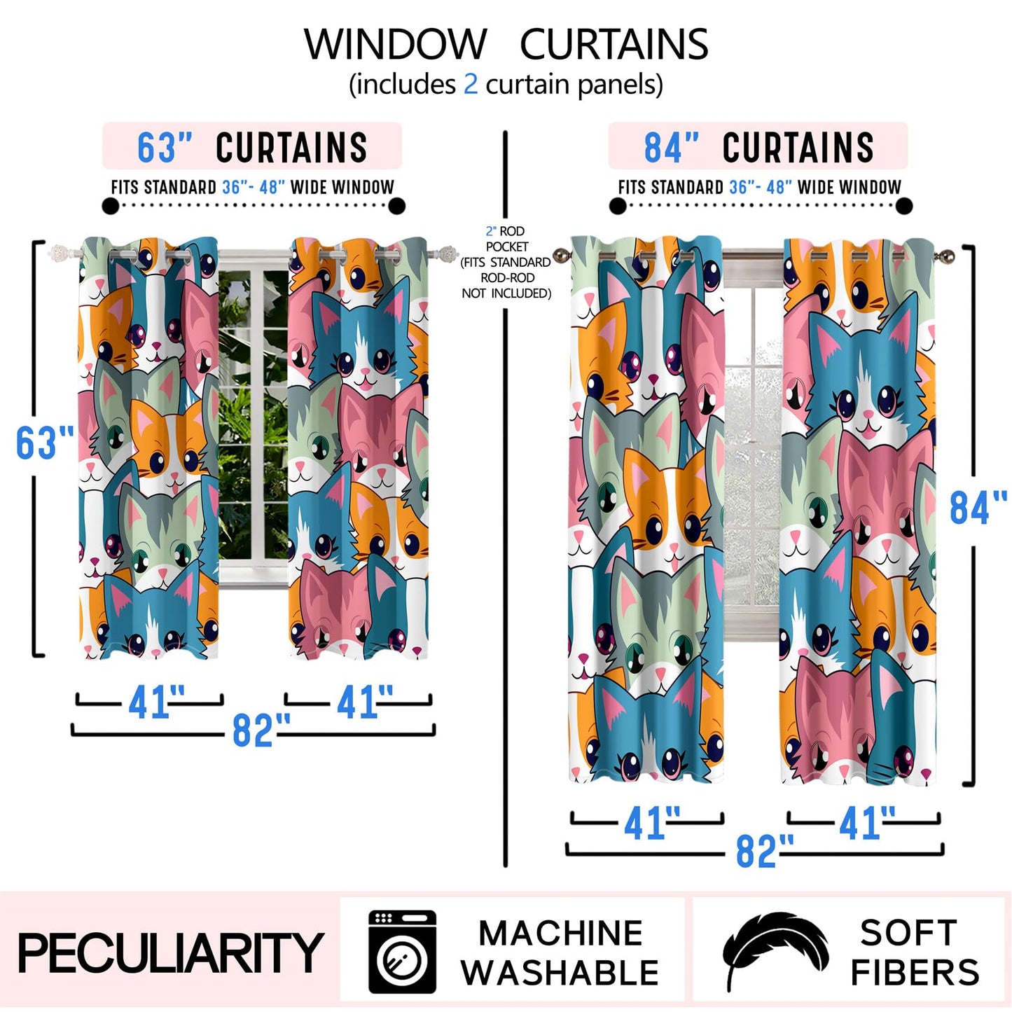 Kossmjx Cat Blackout Curtains for Girls - 2Pcs Cute Cartoon Cat Patterns Curtain Panels for Girls Bedroom Lovely Cats Drapes Darkening Window Curtain for Living Room Bedroom, 82" x 63"